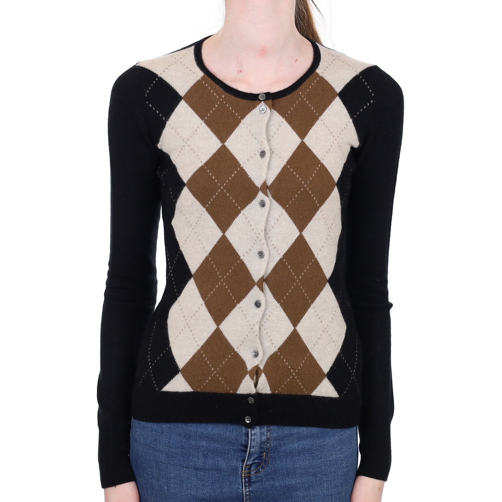 Black and Oatmeal Argyle Cashmere Crew Neck Cardigan Extra Small