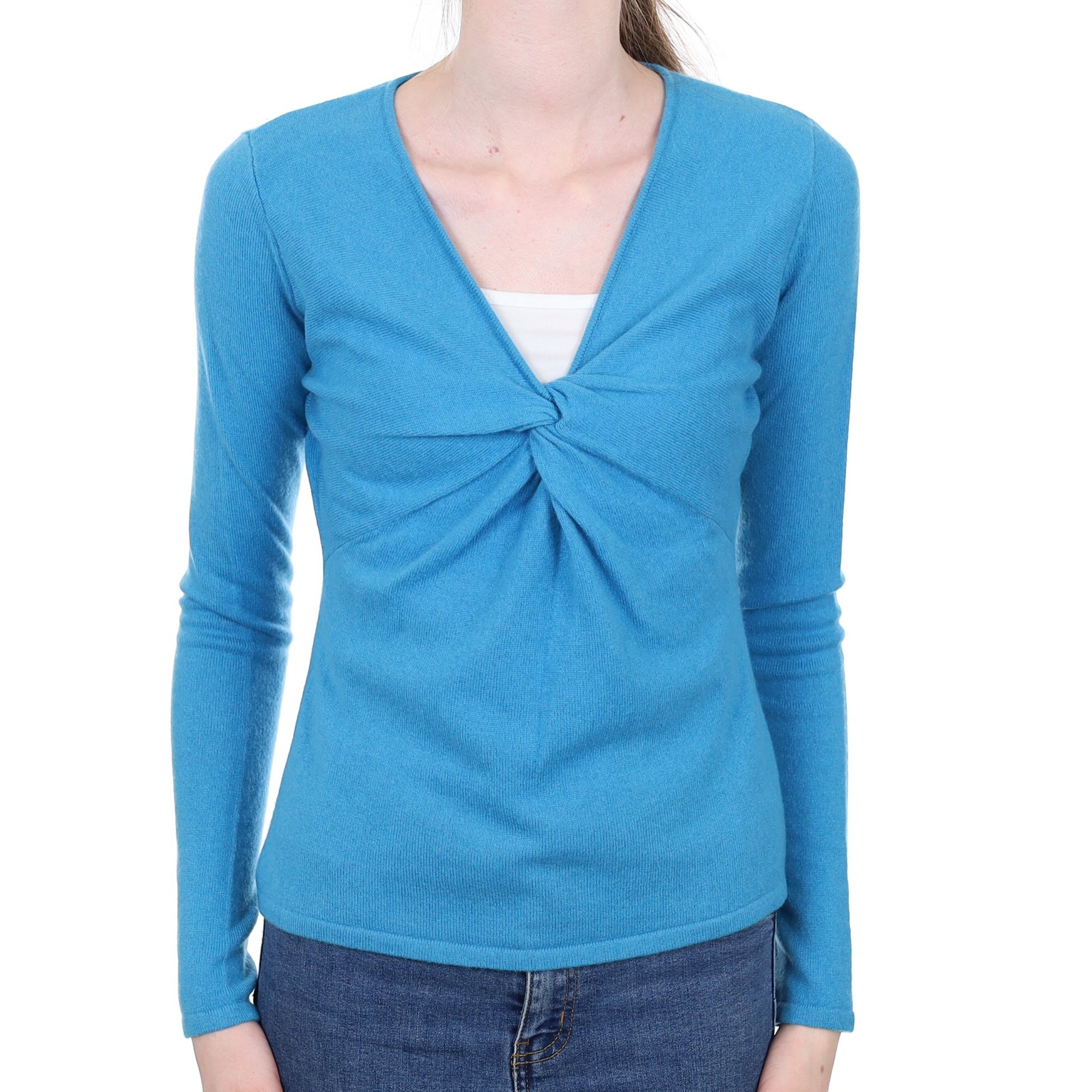 Mediterranean Blue Cashmere Knot Front V Neck Jumper Extra Small