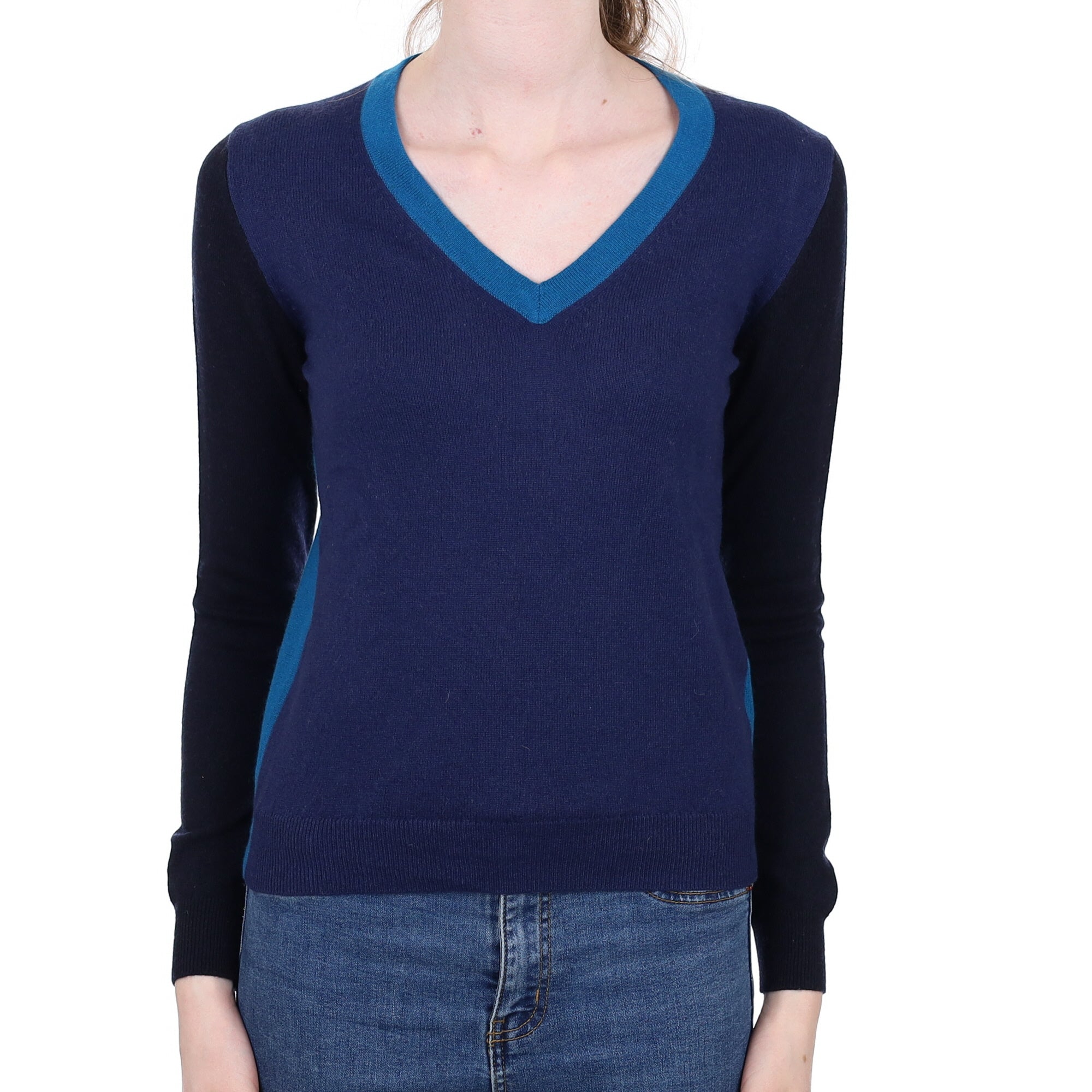 Navy Colour Block Cashmere V Neck Jumper Extra Small