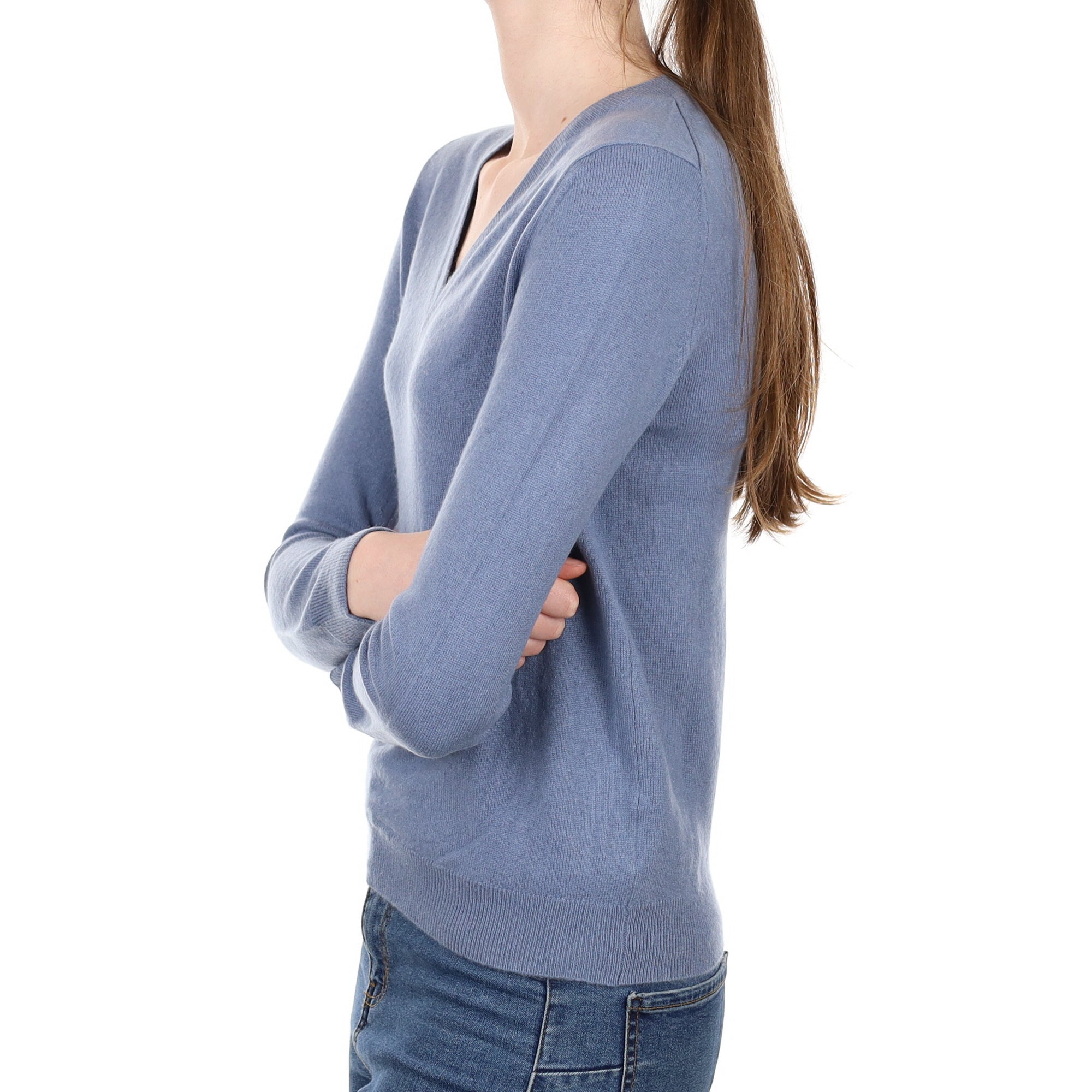 Dusky Blue Cashmere V Neck Jumper Extra Small