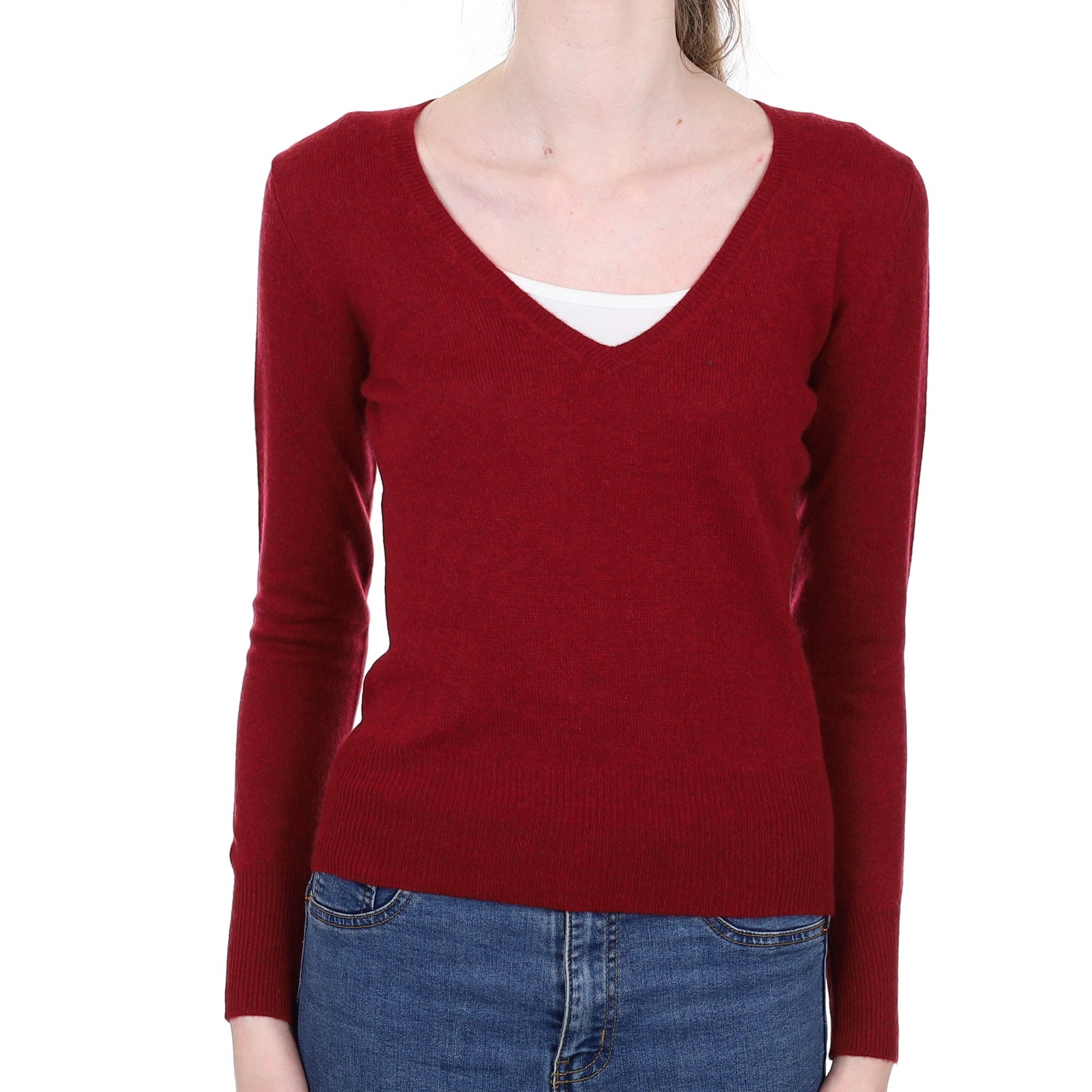 Burgundy Red Cashmere V Neck Jumper Extra Small