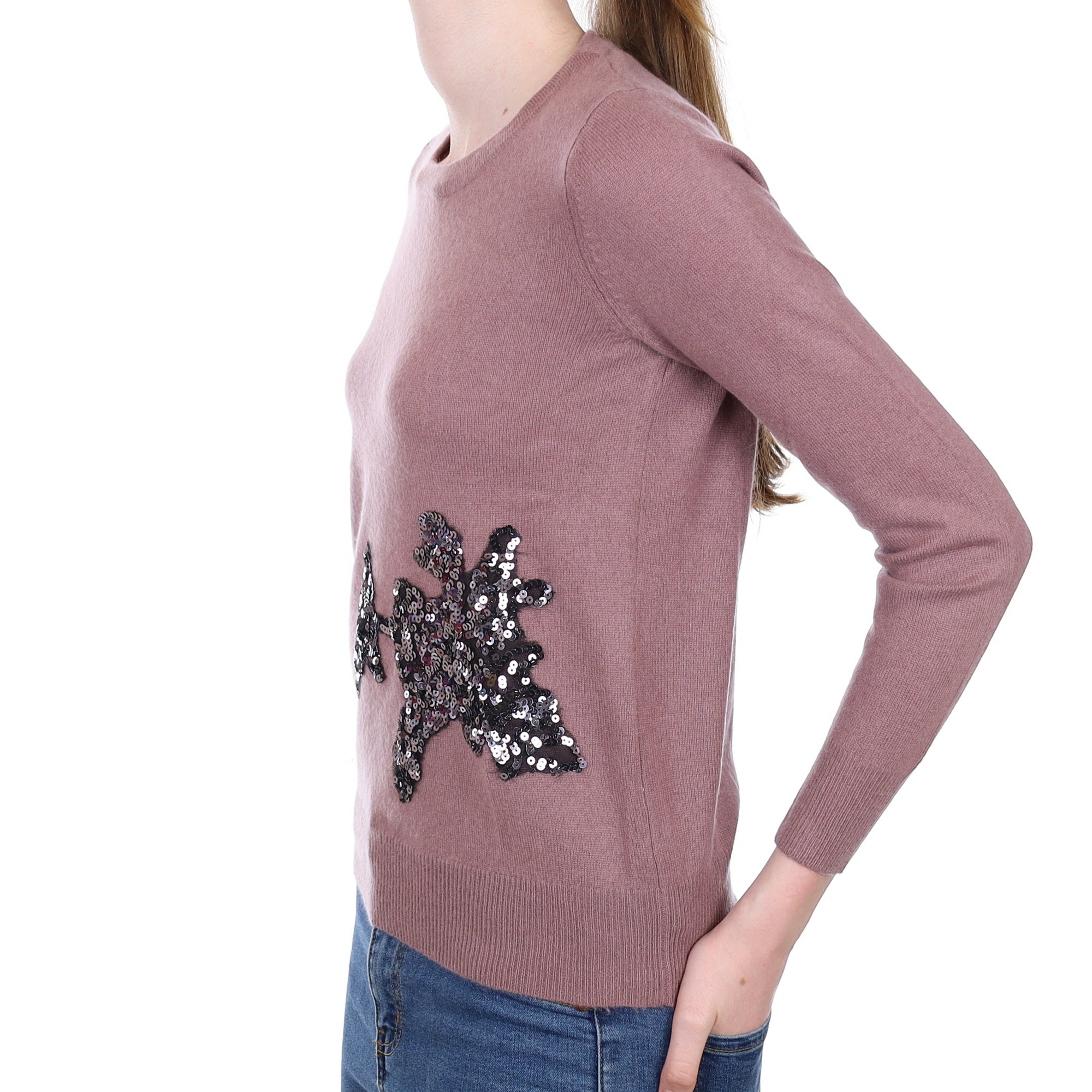 Dusky Heather Sequinned Cashmere Crew Neck Jumper Extra Small