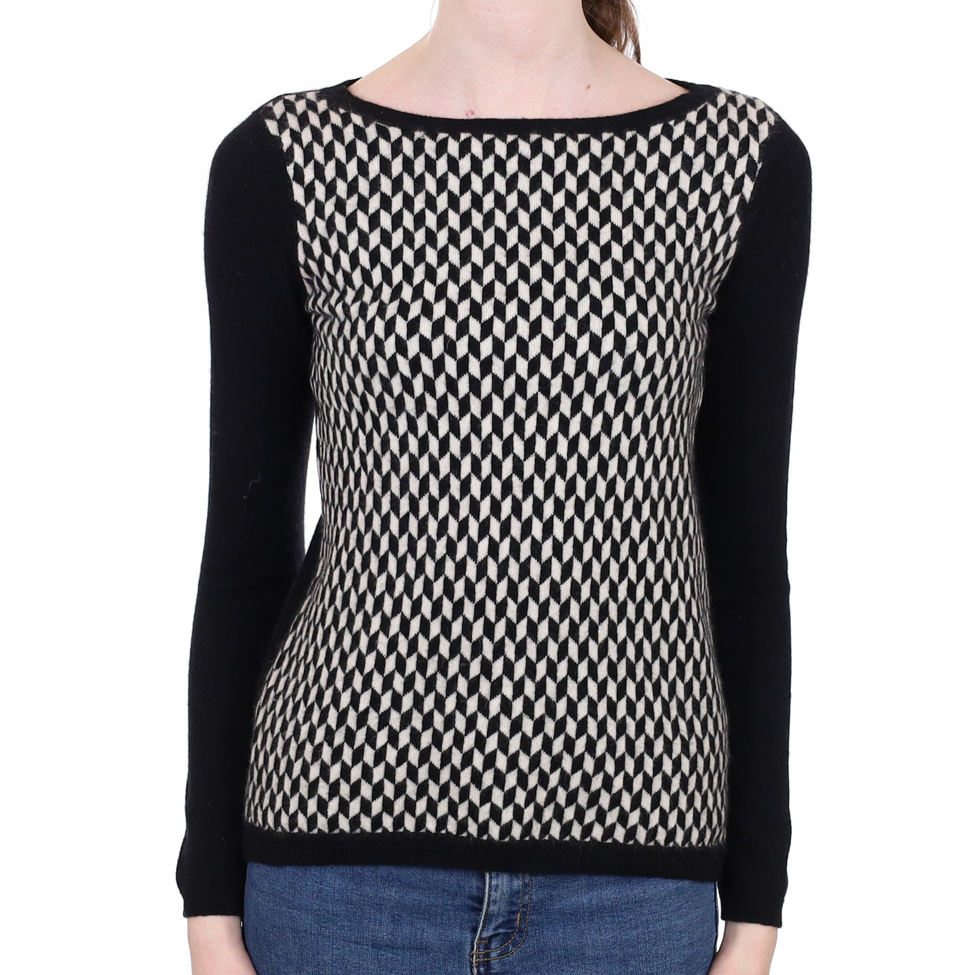 Black Geometric Cashmere Crew Neck Jumper Extra Small