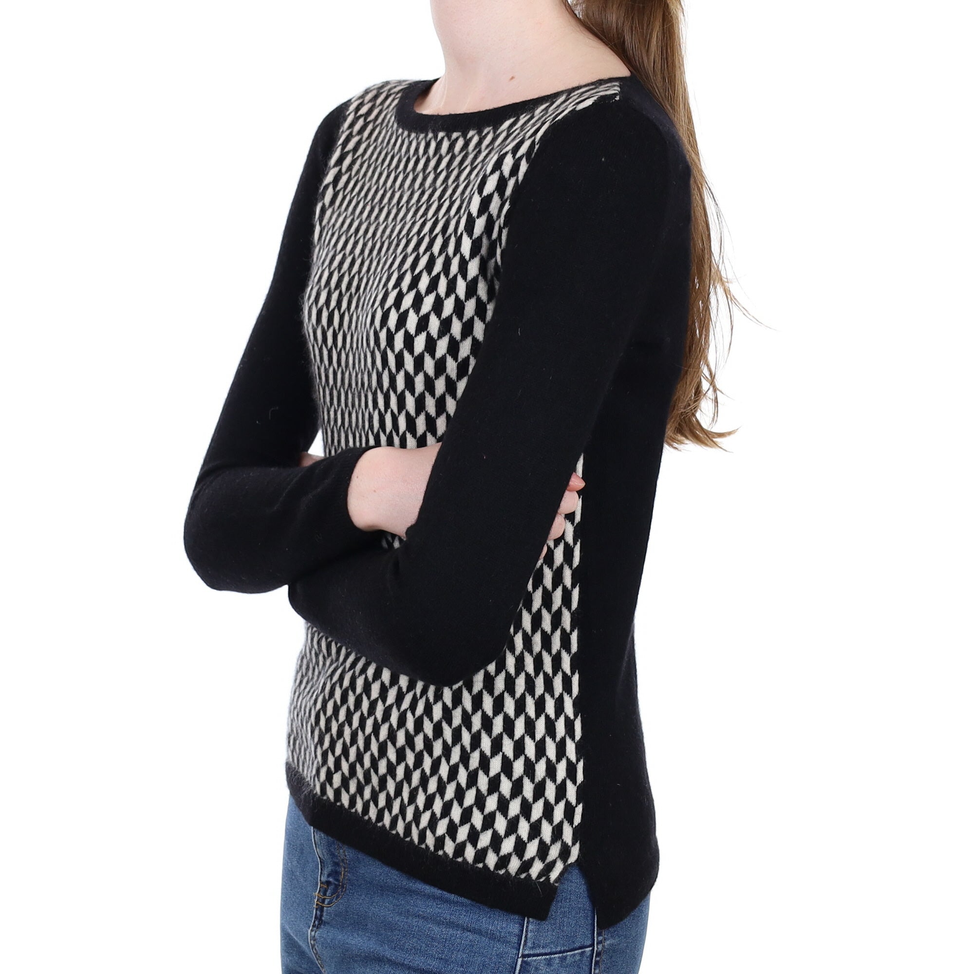 Black Geometric Cashmere Crew Neck Jumper Extra Small