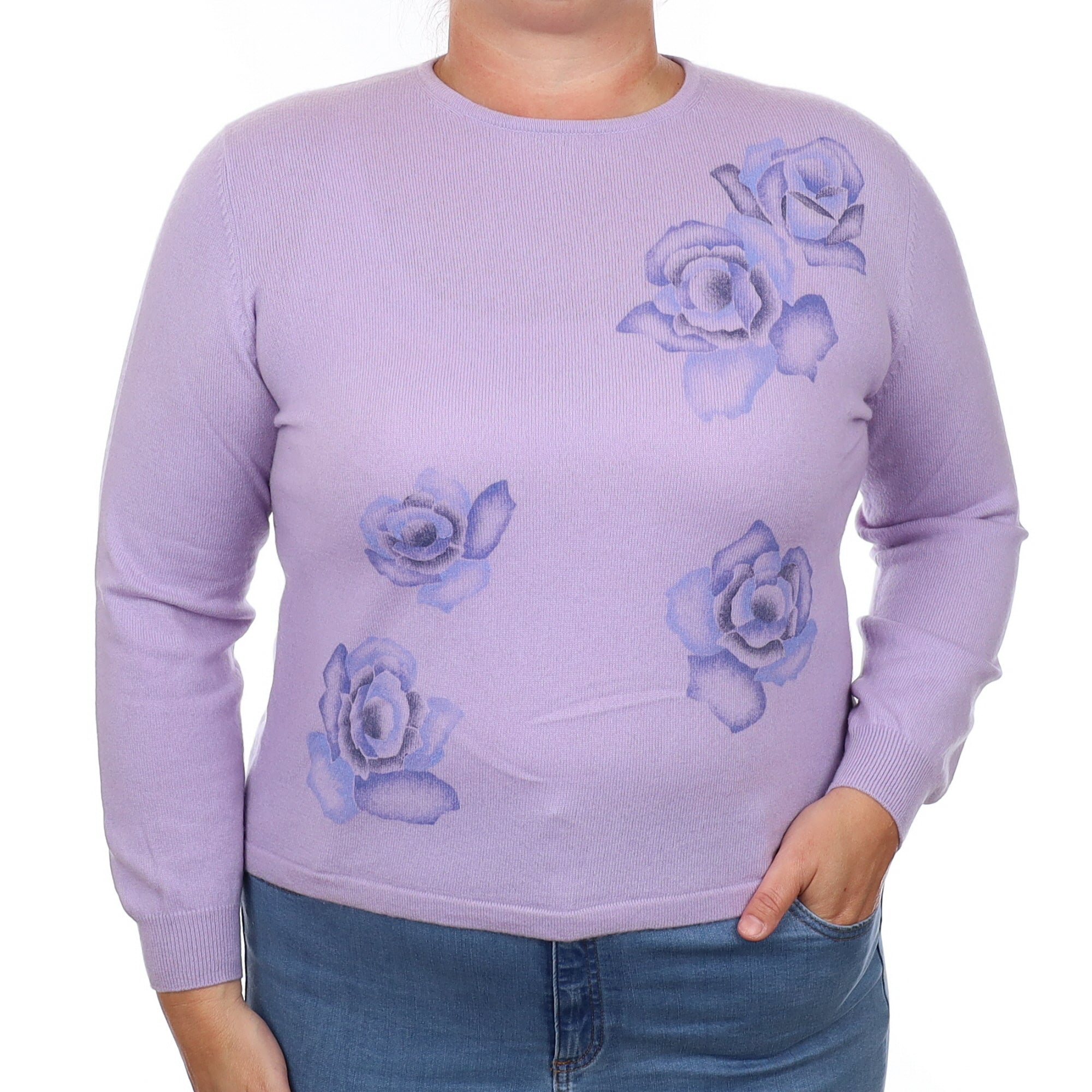 Lavender Floral Cashmere Crew Neck Jumper Large