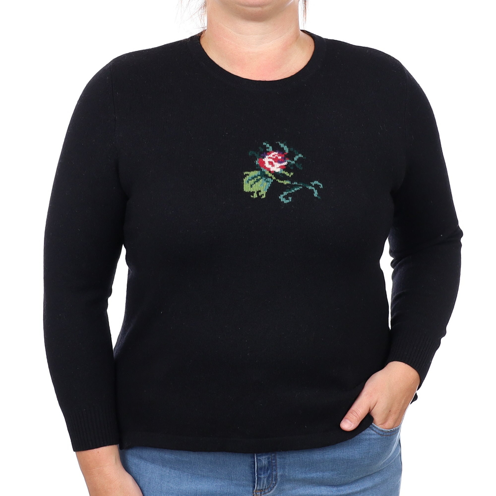 Black Flower Motif Cashmere Crew Neck Jumper Large