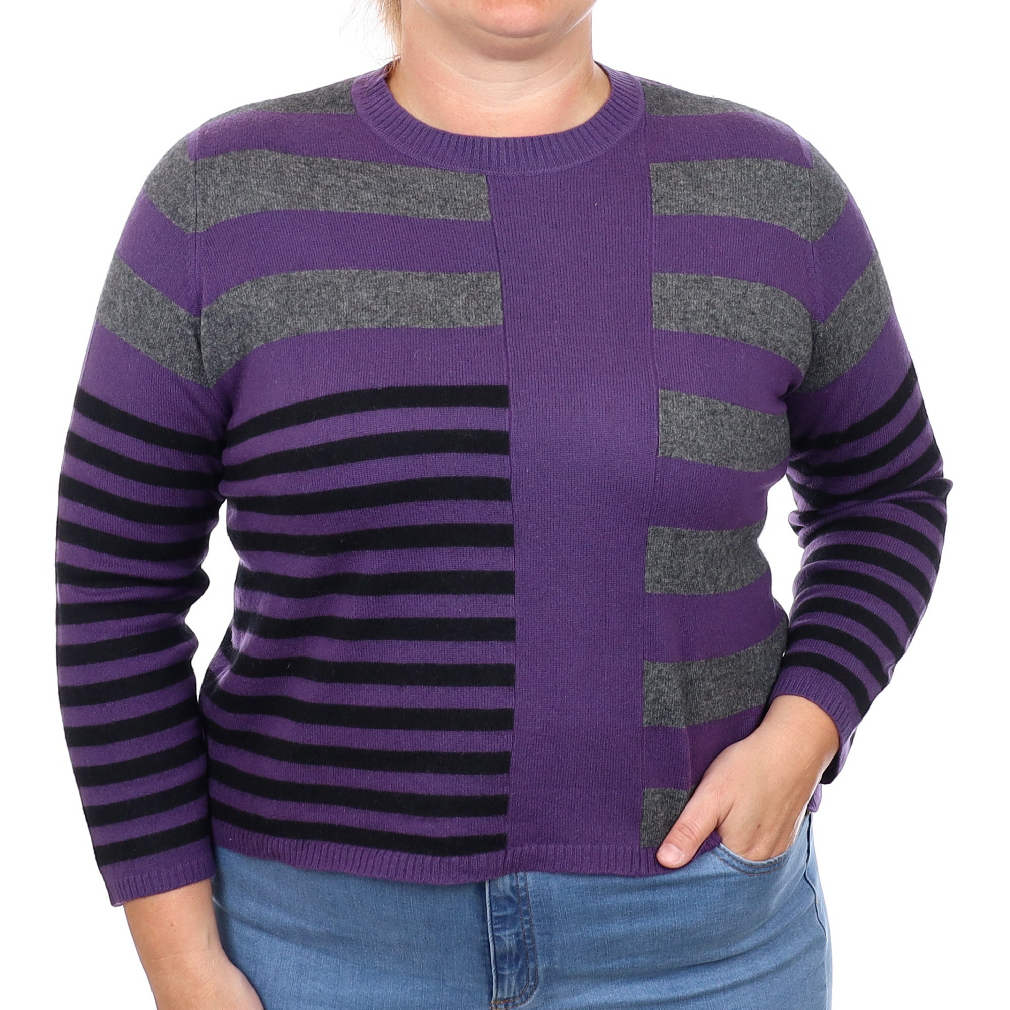 Purple Stripe Cashmere Crew Neck Jumper Large