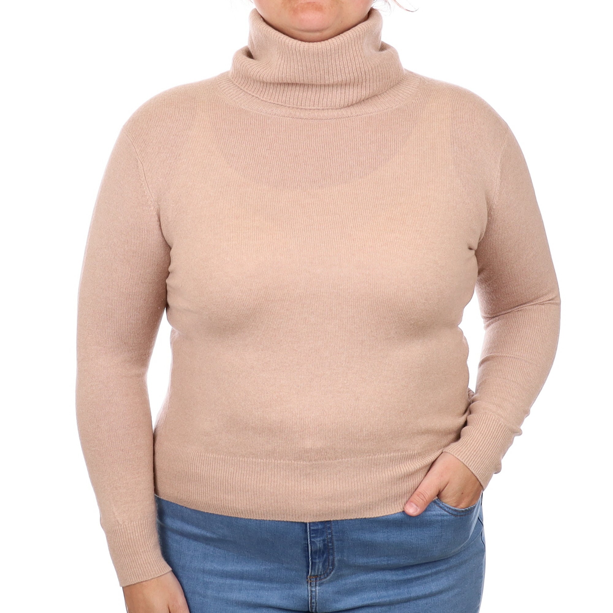 Buff Beige Cashmere Polo Neck Jumper Large