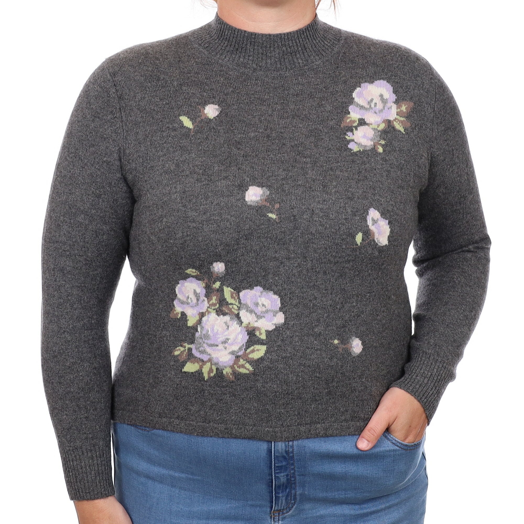 Slate Grey Floral Cashmere Polo Neck Jumper Large