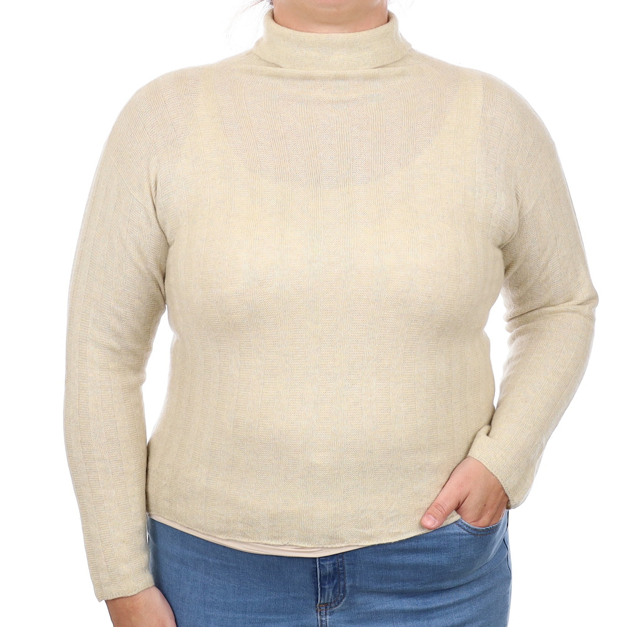 Oatmeal Ribbed Cashmere Polo Neck Jumper Large