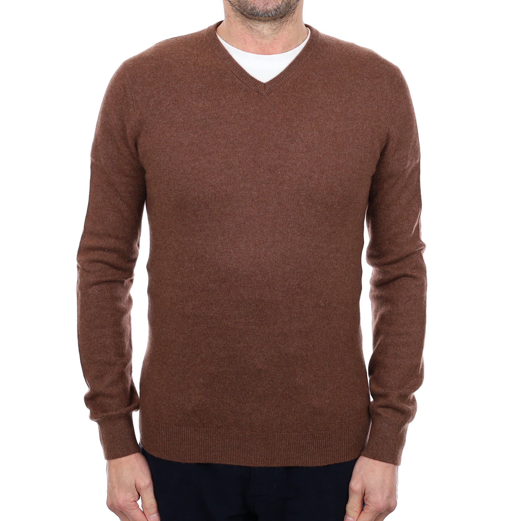 Men's Chestnut Cashmere V Neck Jumper Small