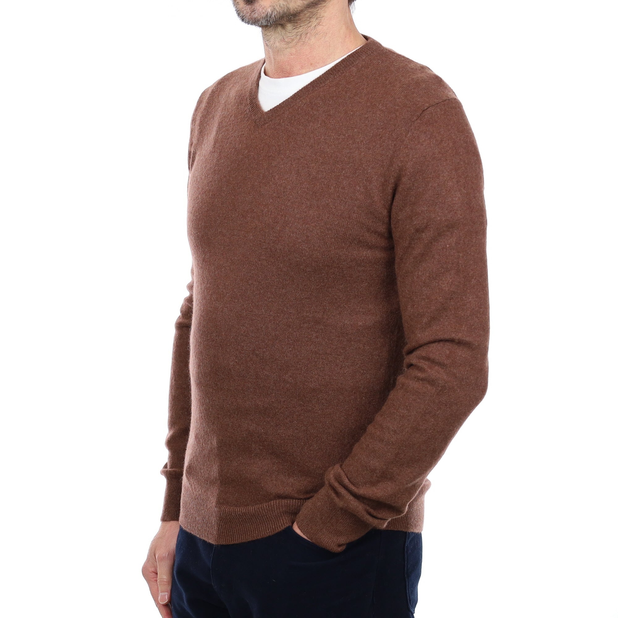 Men's Chestnut Cashmere V Neck Jumper Small