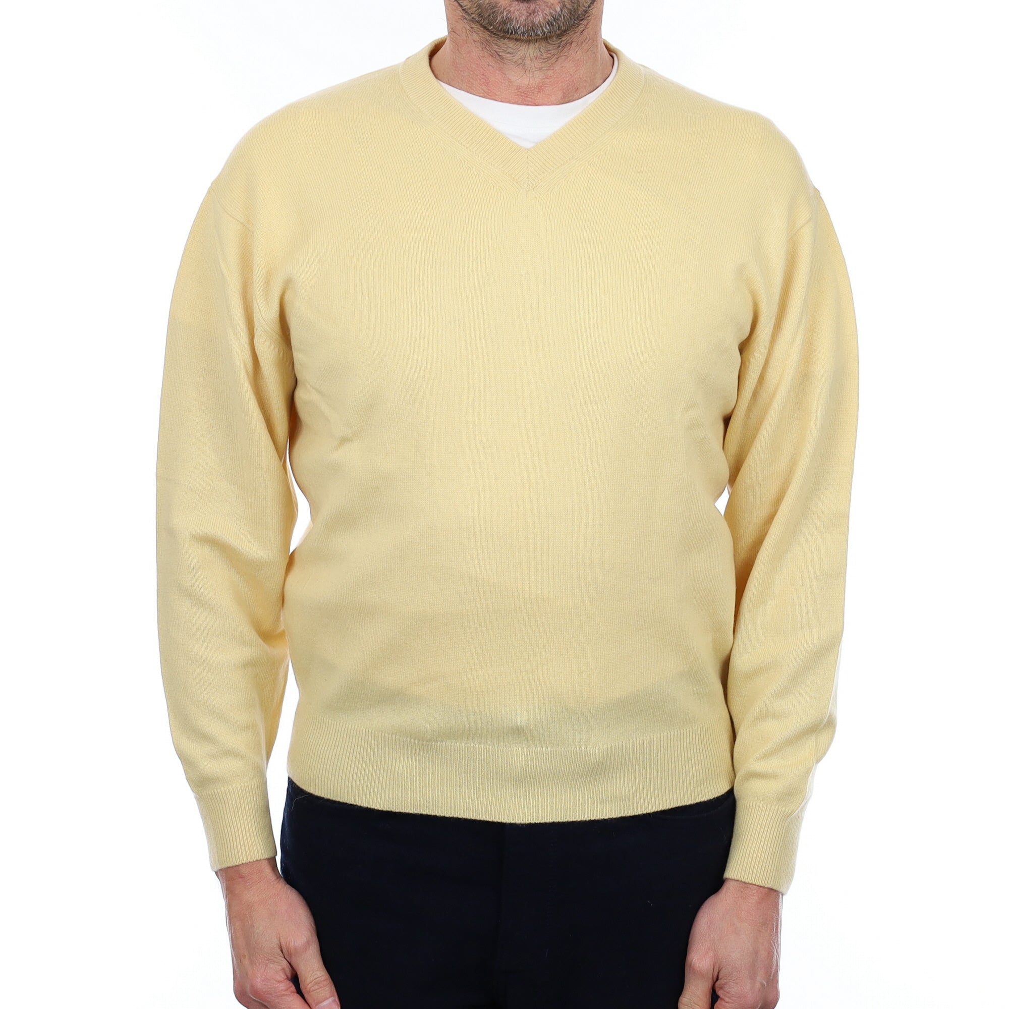 Men's Custard Yellow Cashmere V Neck Jumper Small