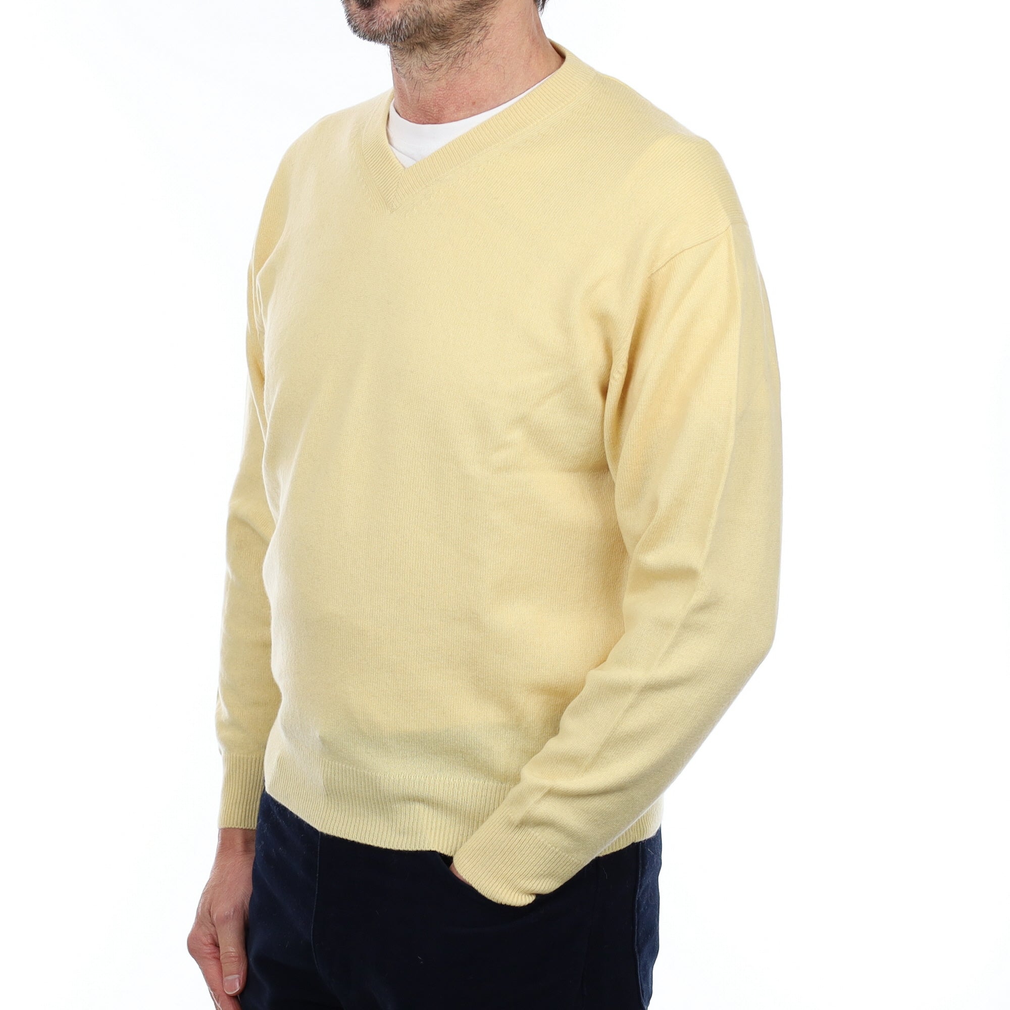 Men's Custard Yellow Cashmere V Neck Jumper Small