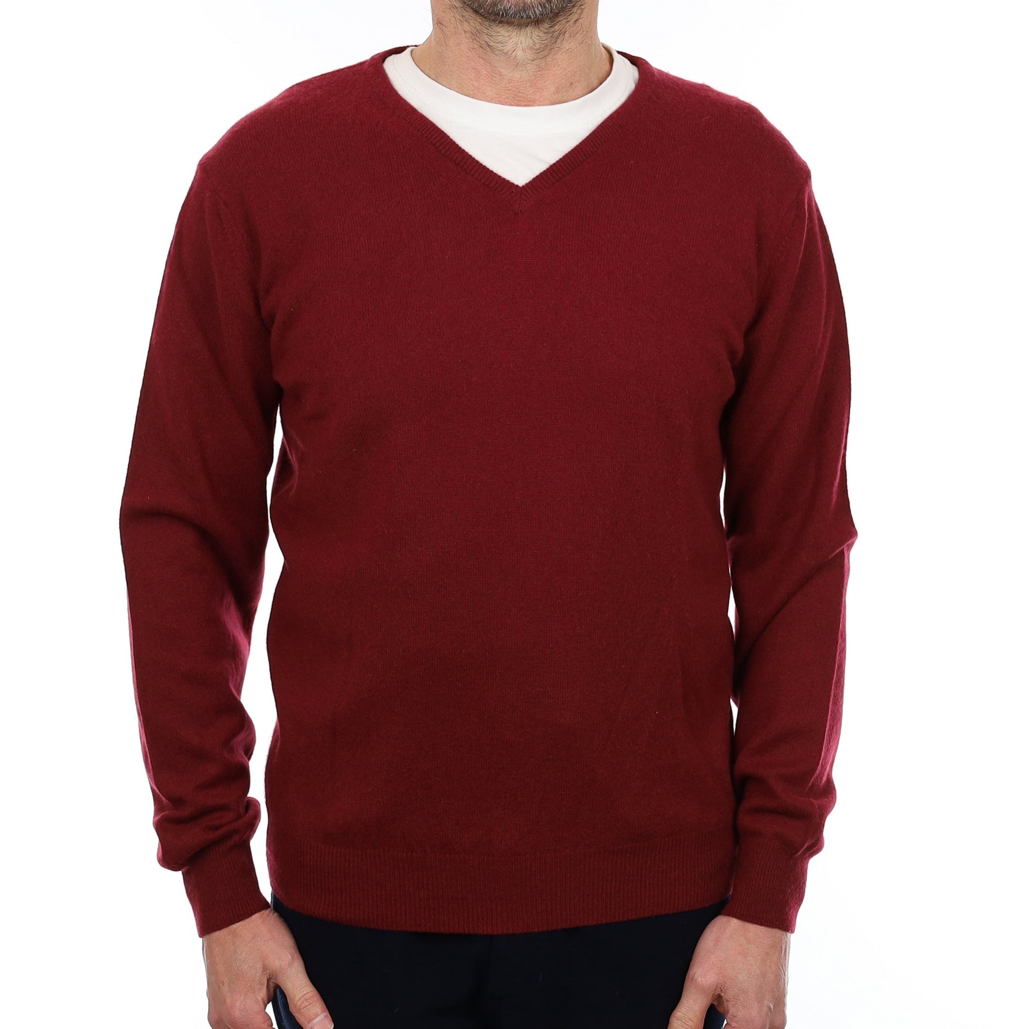 Italian Men's Burgundy Cashmere V Neck Jumper Small