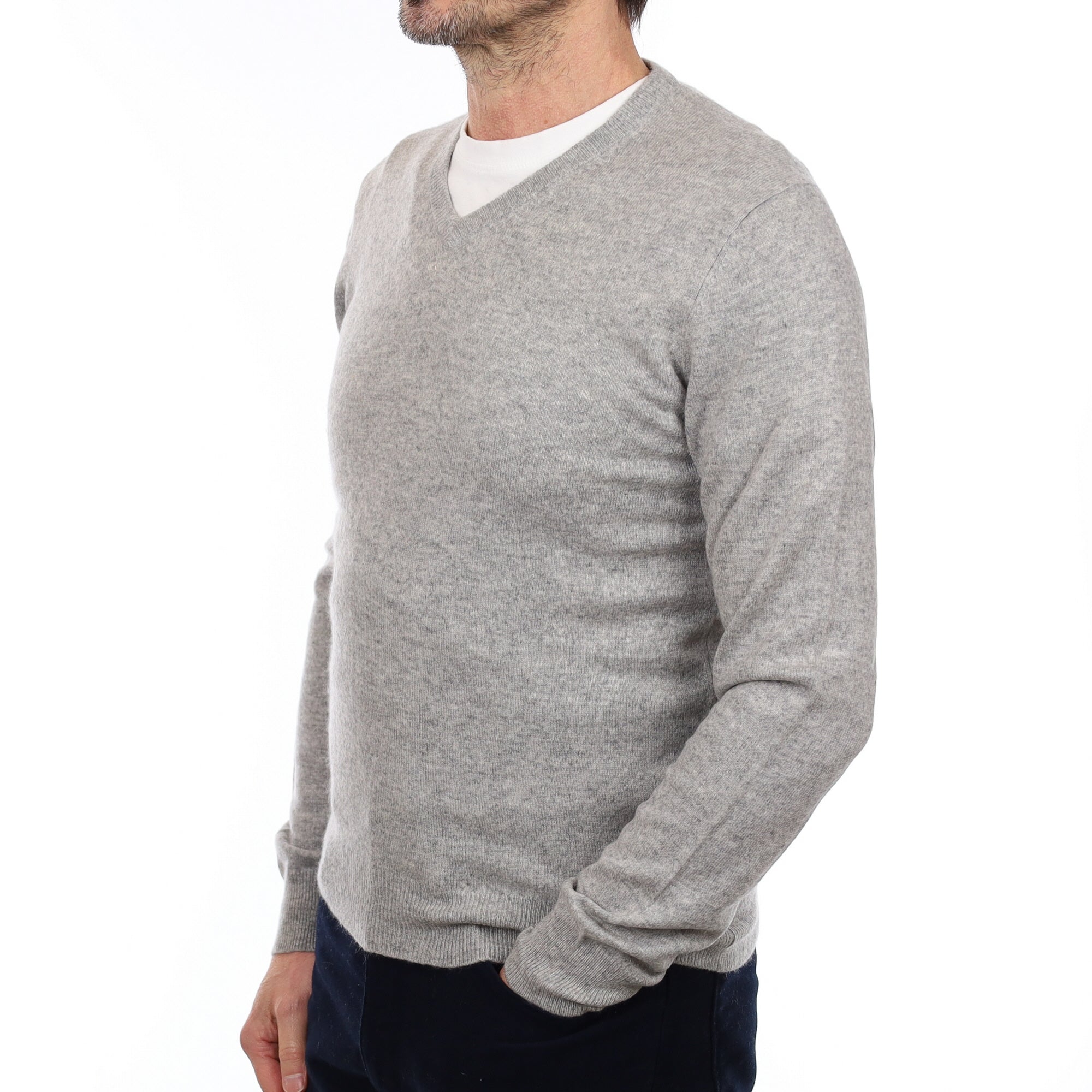 Men's Smoke Grey Cashmere V Neck Jumper Extra Small