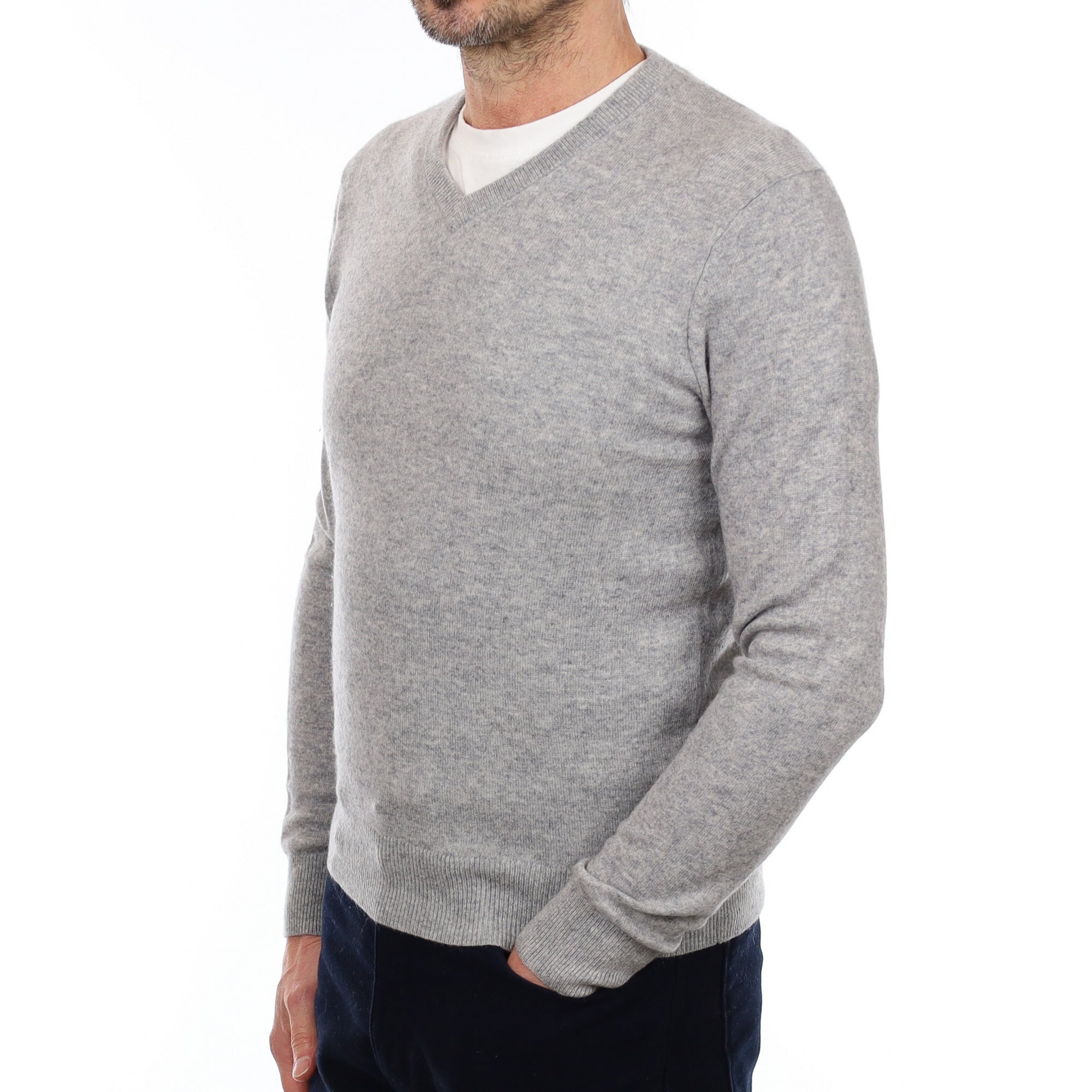 Men's Smoke Grey Cashmere V Neck Jumper Small