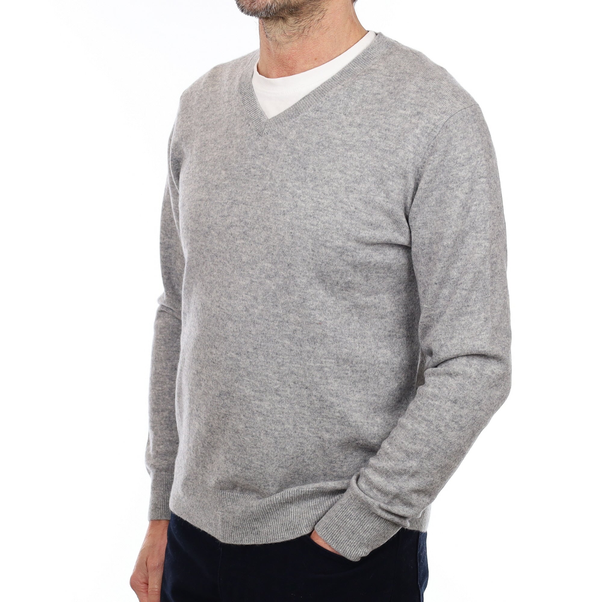 Men's Smoke Grey Cashmere V Neck Jumper Small