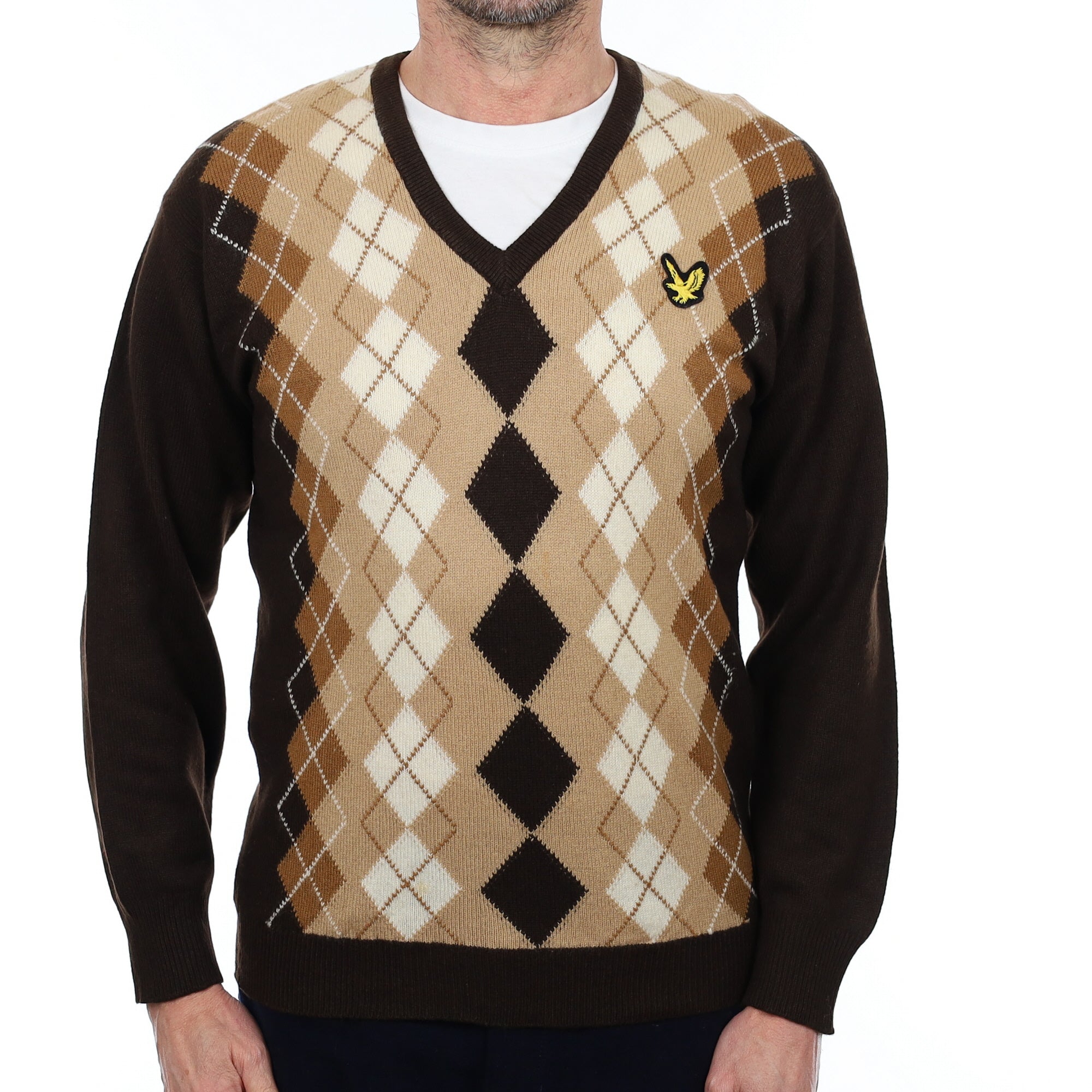 Scottish Men's Brown Argyle Cashmere V Neck Jumper Small