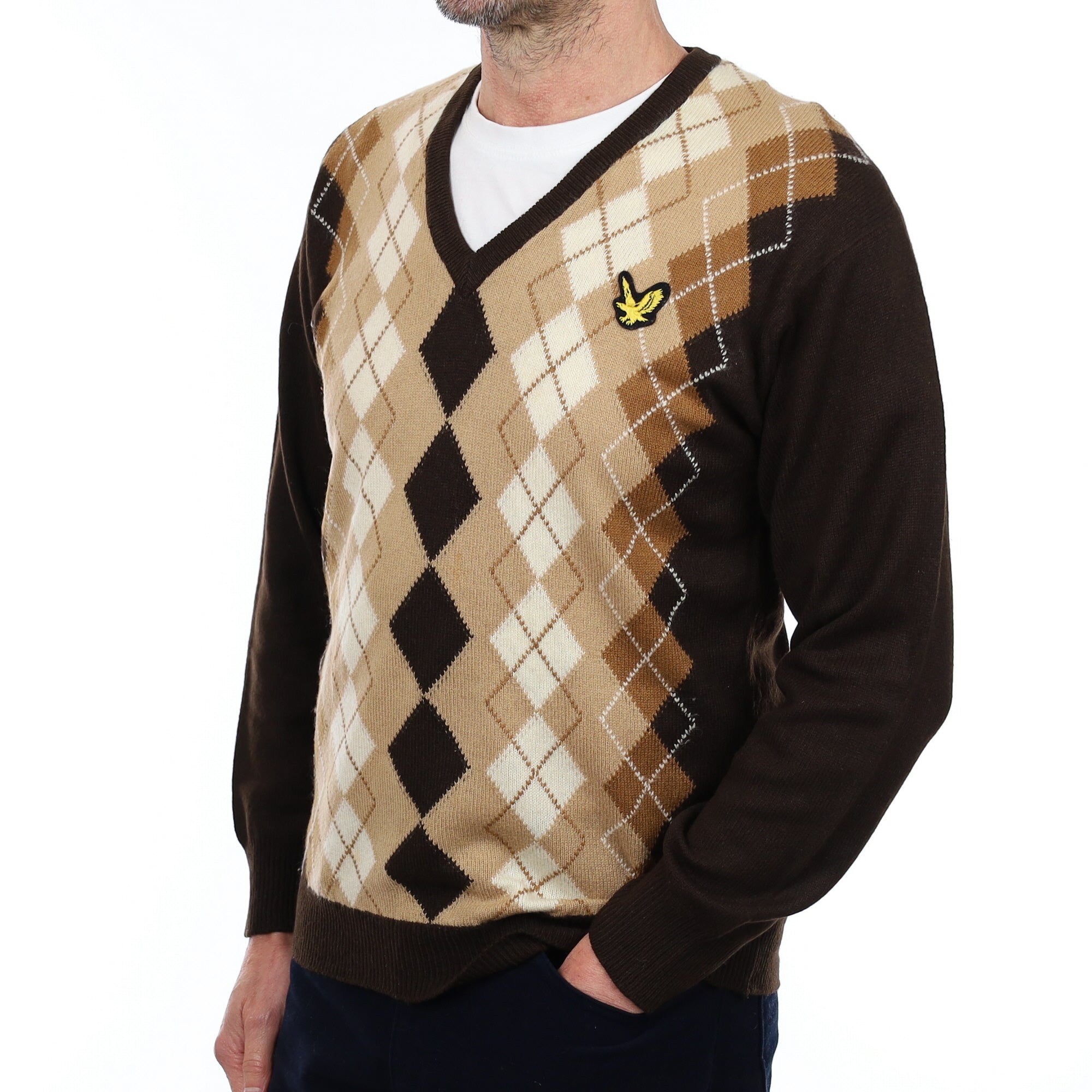 Scottish Men's Brown Argyle Cashmere V Neck Jumper Small