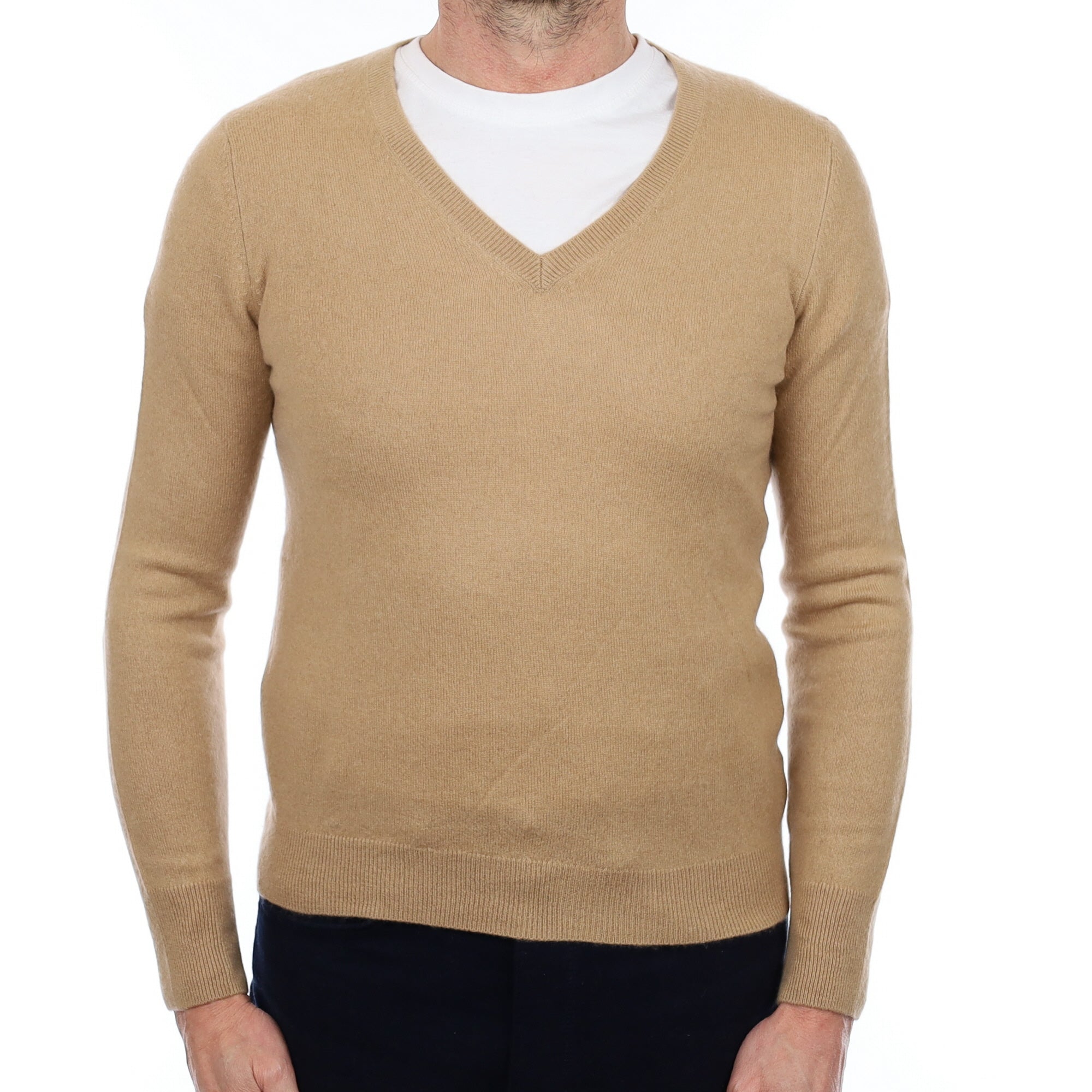 Men's Caramel Cashmere V Neck Jumper Small