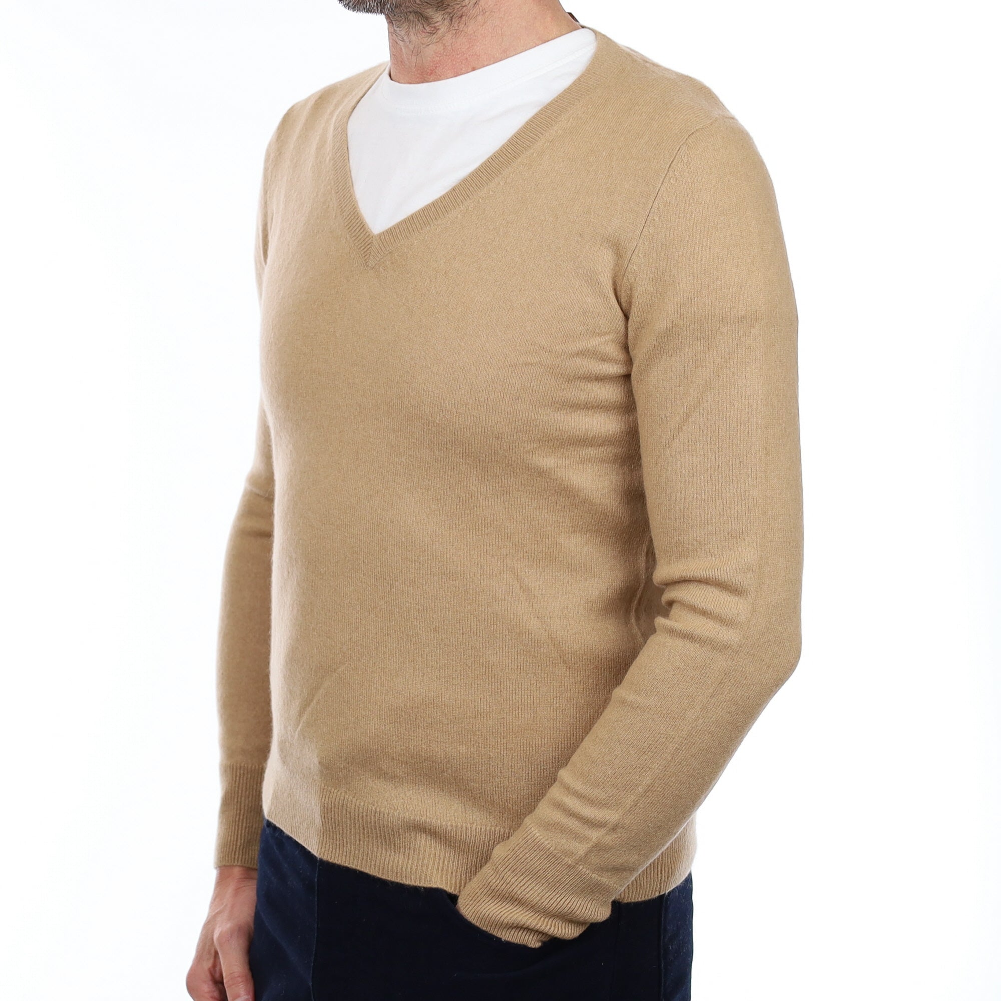 Men's Caramel Cashmere V Neck Jumper Small