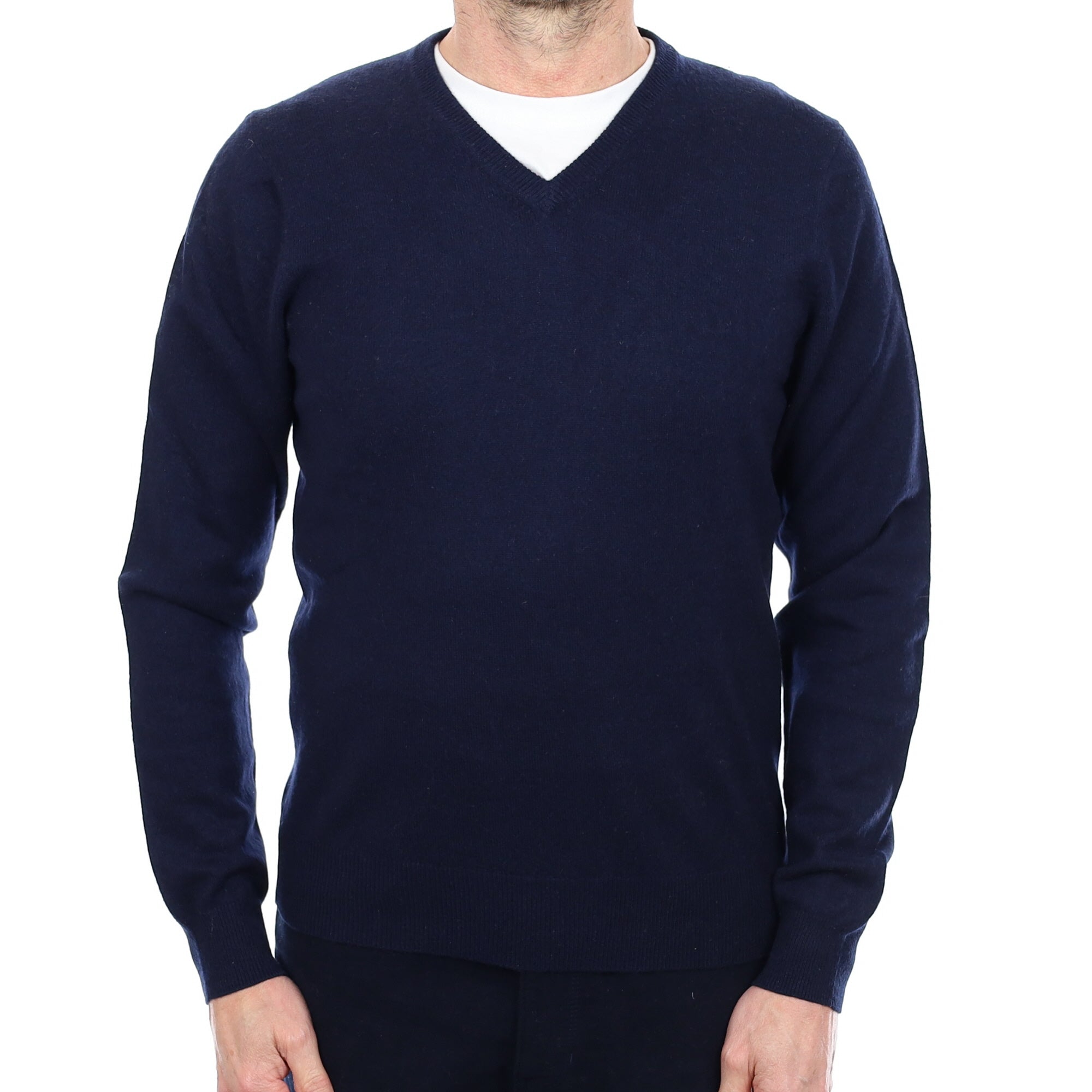 Men's Navy Blue Cashmere V Neck Jumper Small