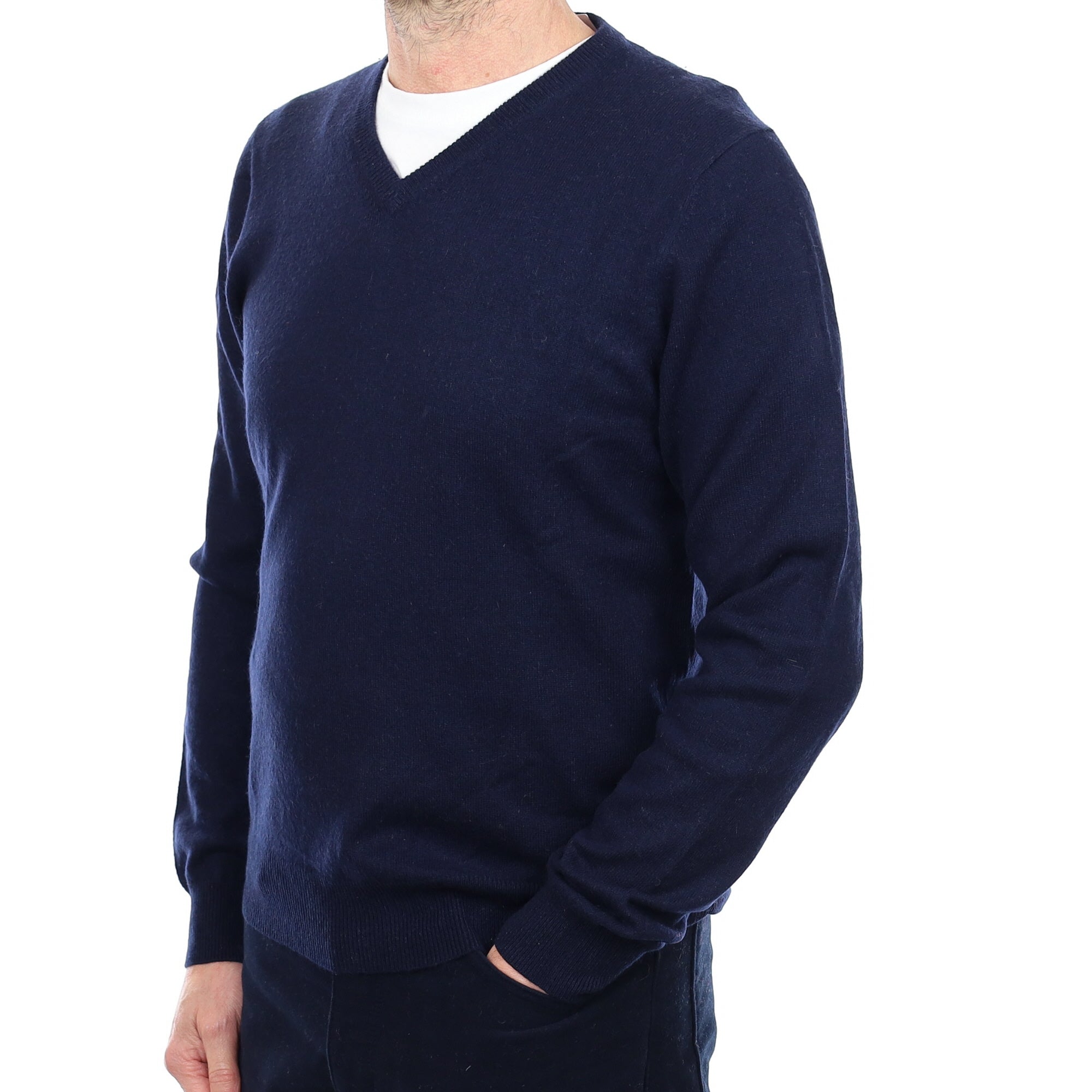 Men's Navy Blue Cashmere V Neck Jumper Small