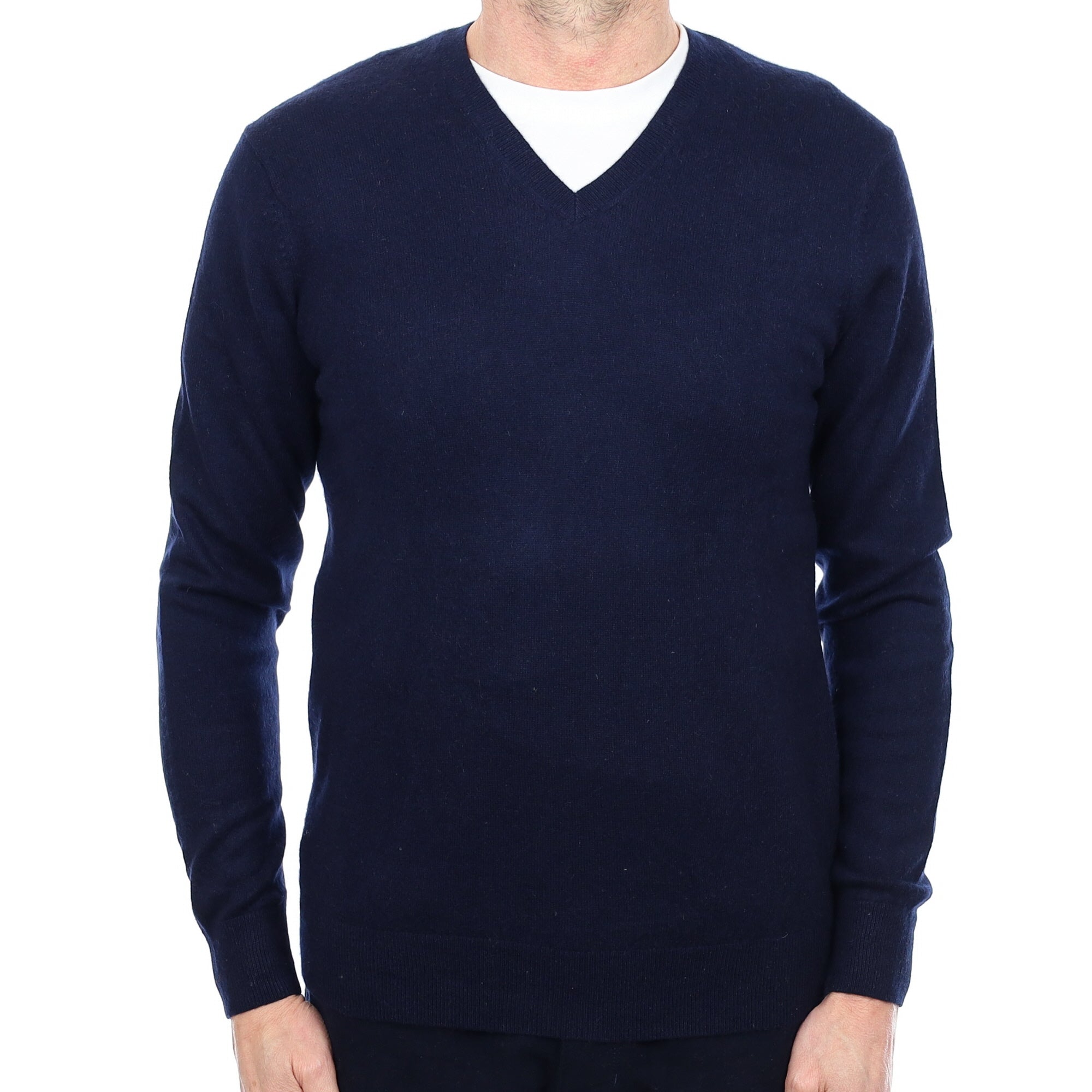 Men's Navy Blue Cashmere V Neck Jumper Small