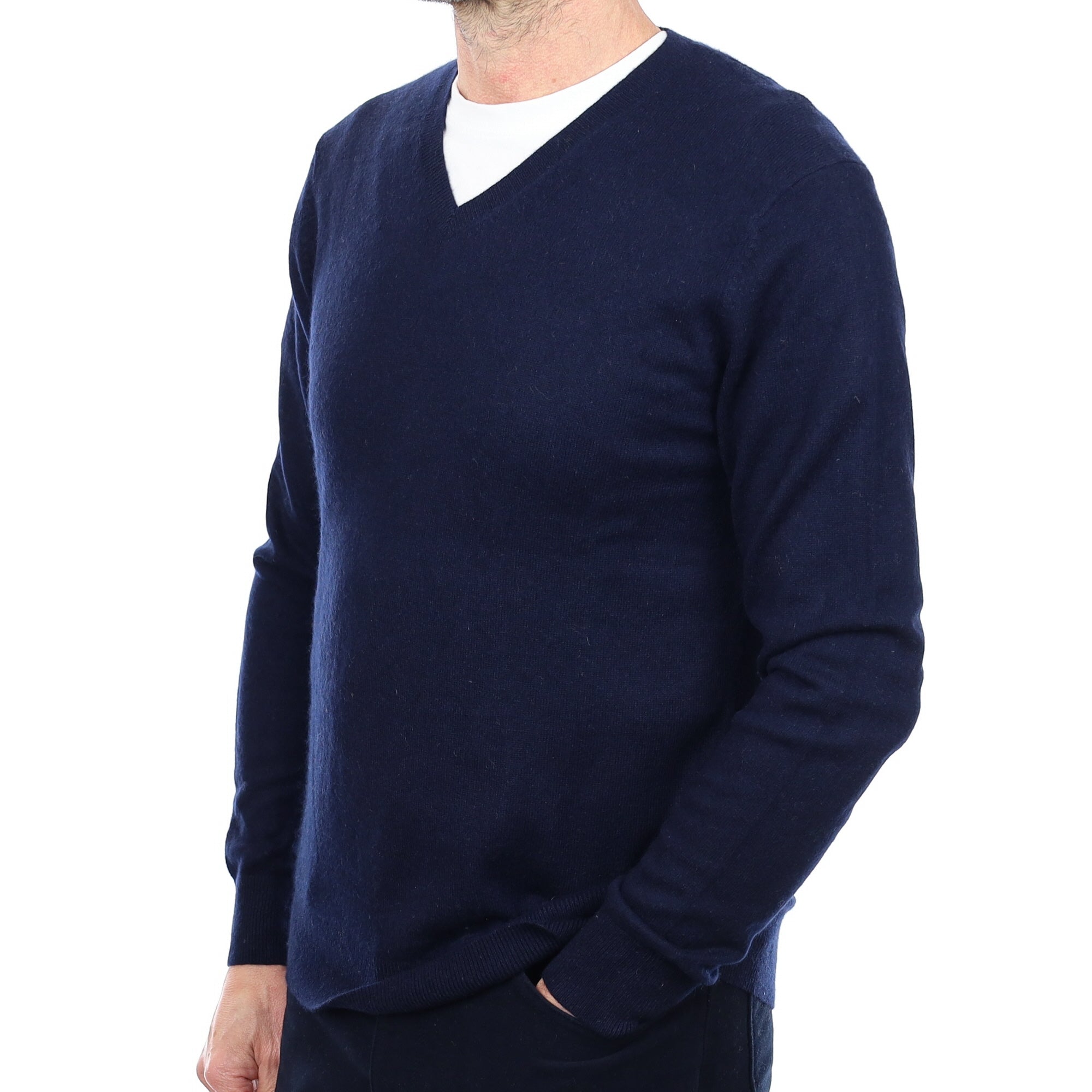 Men's Navy Blue Cashmere V Neck Jumper Small