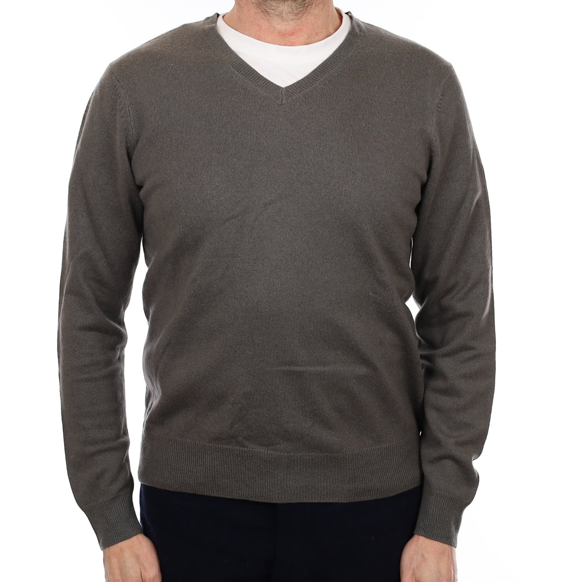 Men's Khaki Grey Cashmere V Neck Jumper Small