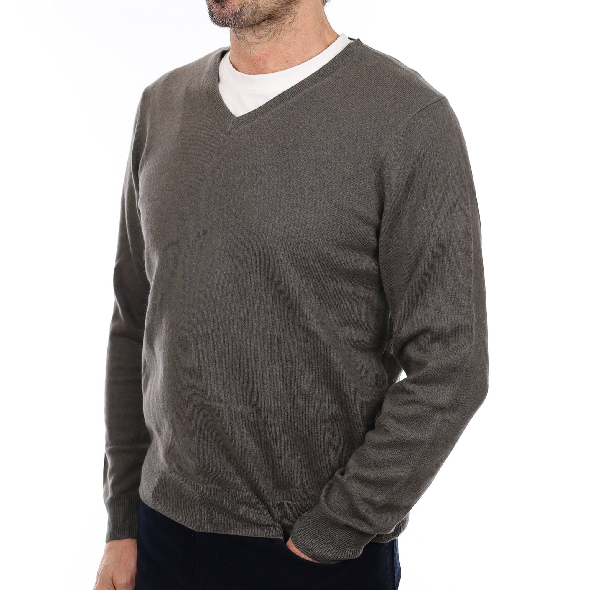 Men's Khaki Grey Cashmere V Neck Jumper Small