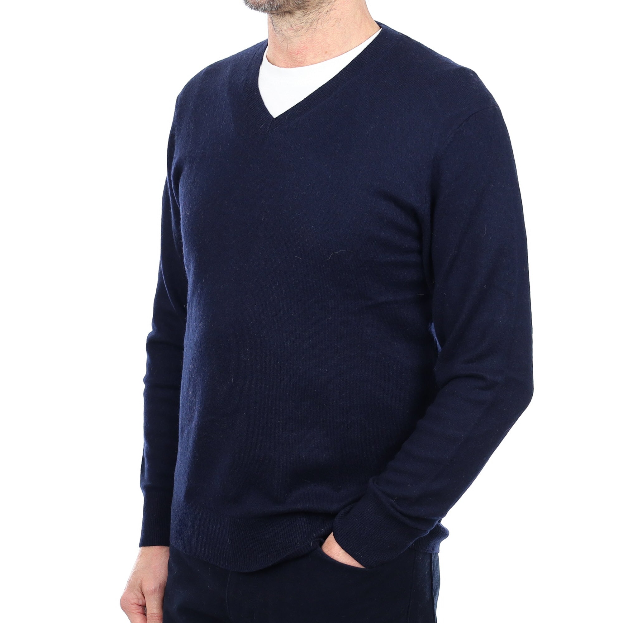 Men's Navy Blue Cashmere V Neck Jumper Small