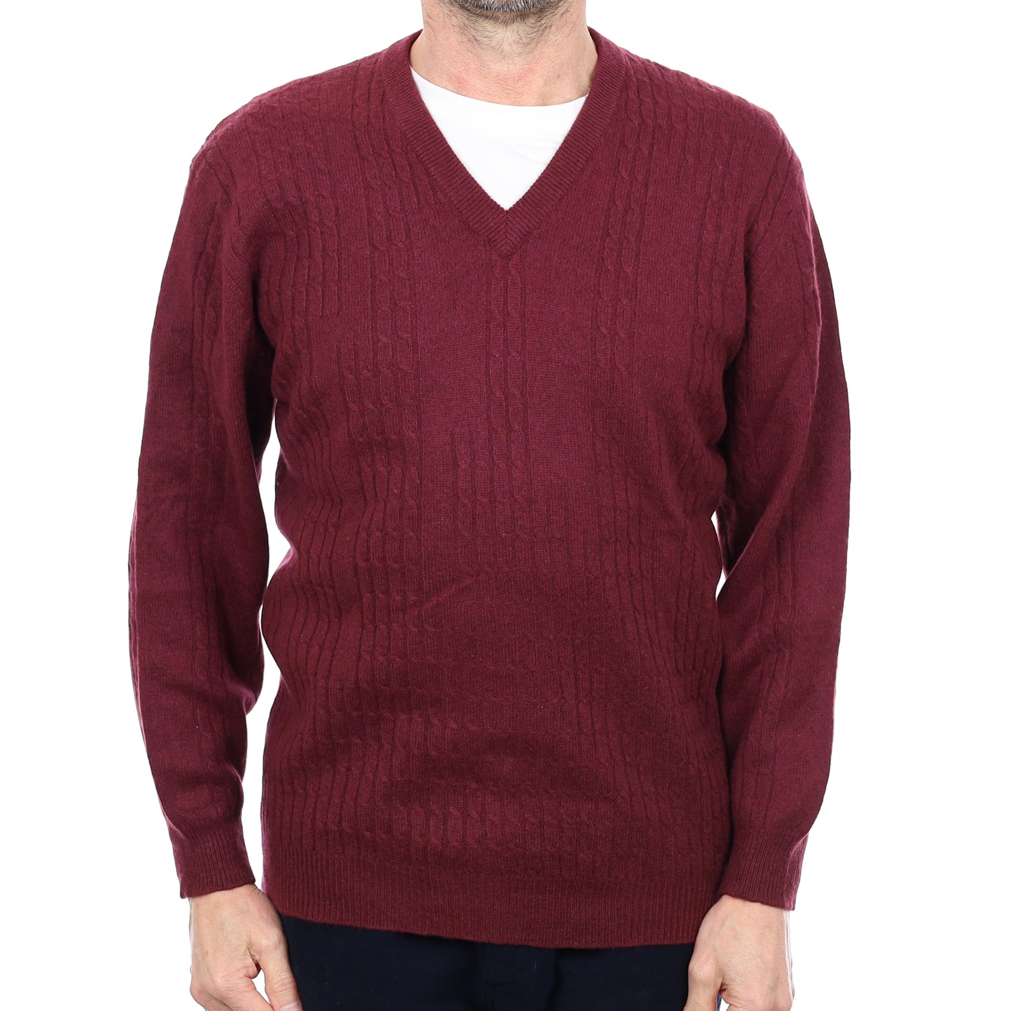 Men's Mulberry Red Cable Cashmere V Neck Jumper Small