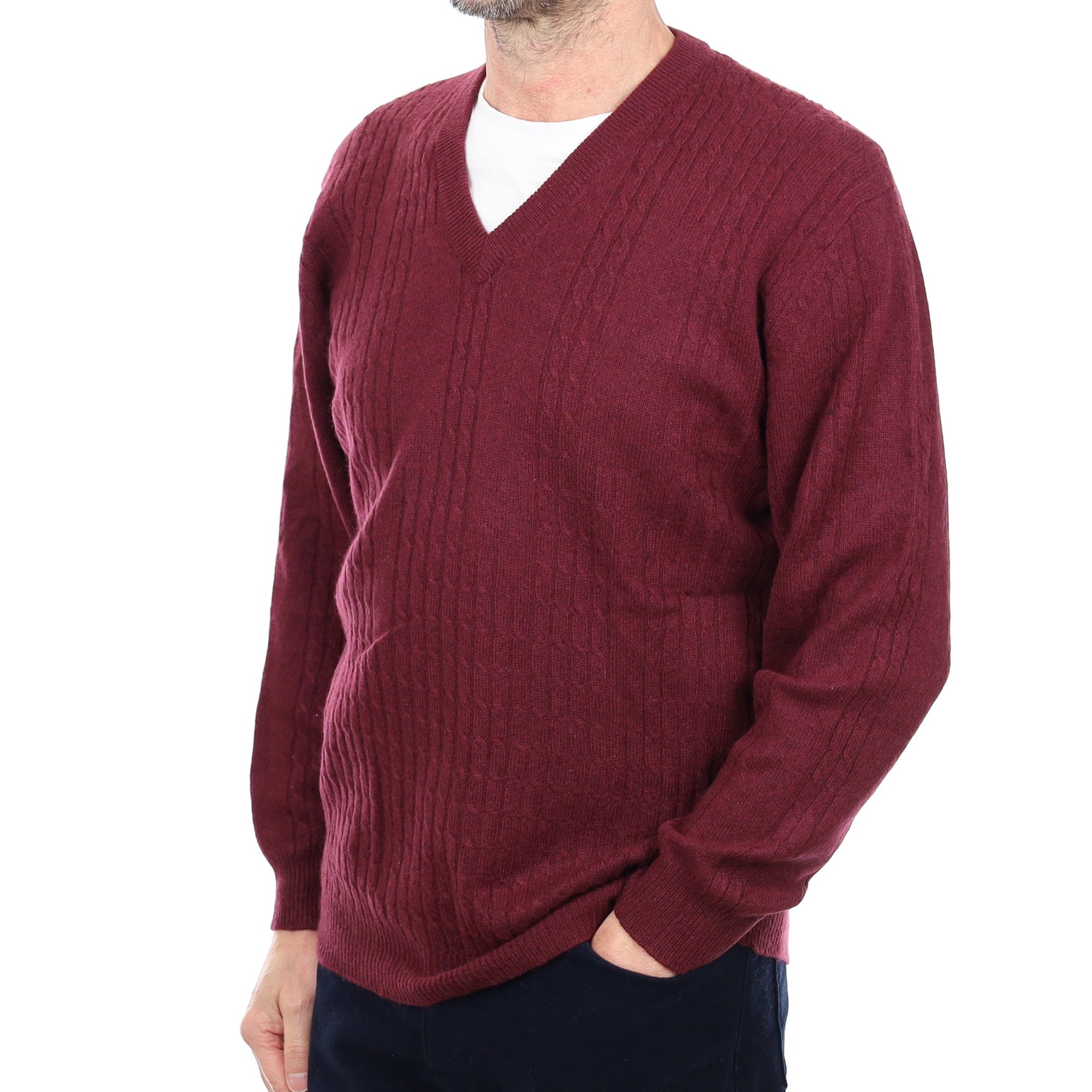 Men's Mulberry Red Cable Cashmere V Neck Jumper Small