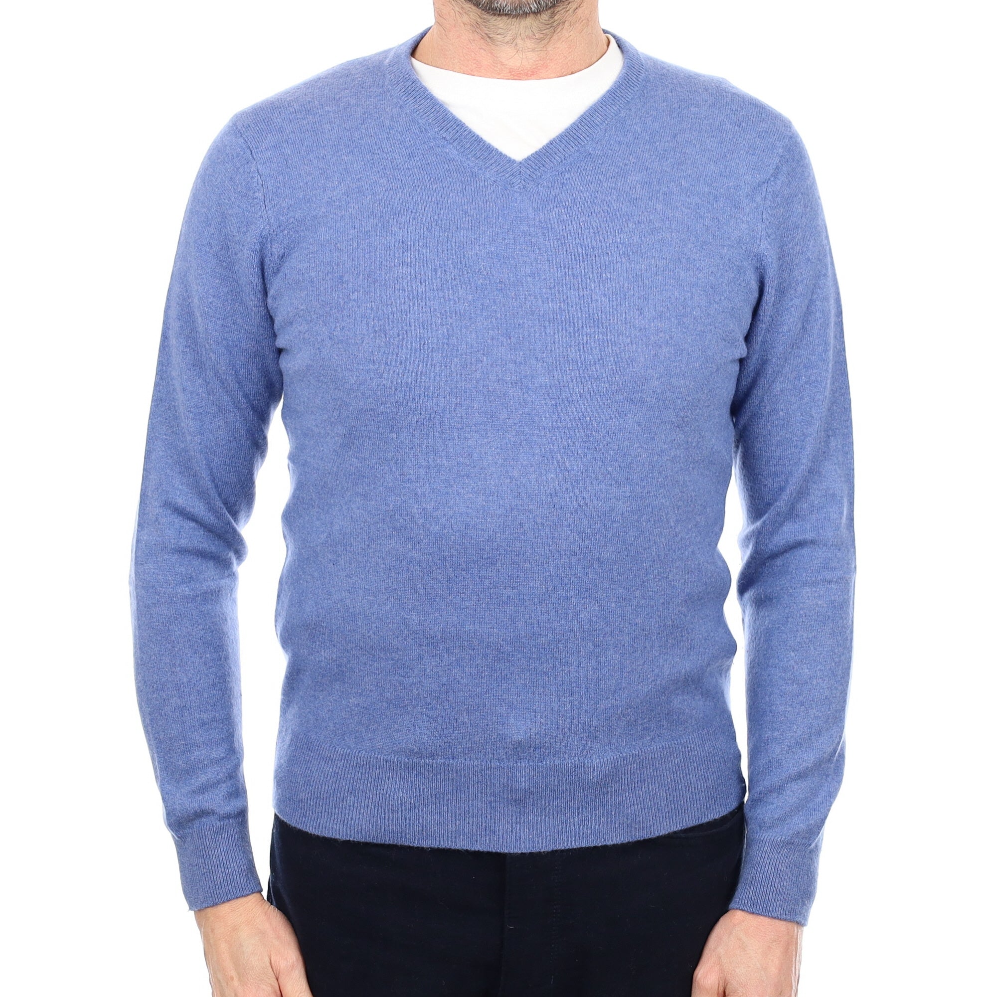 Men's Bright Denim Blue Cashmere V Neck Jumper Small