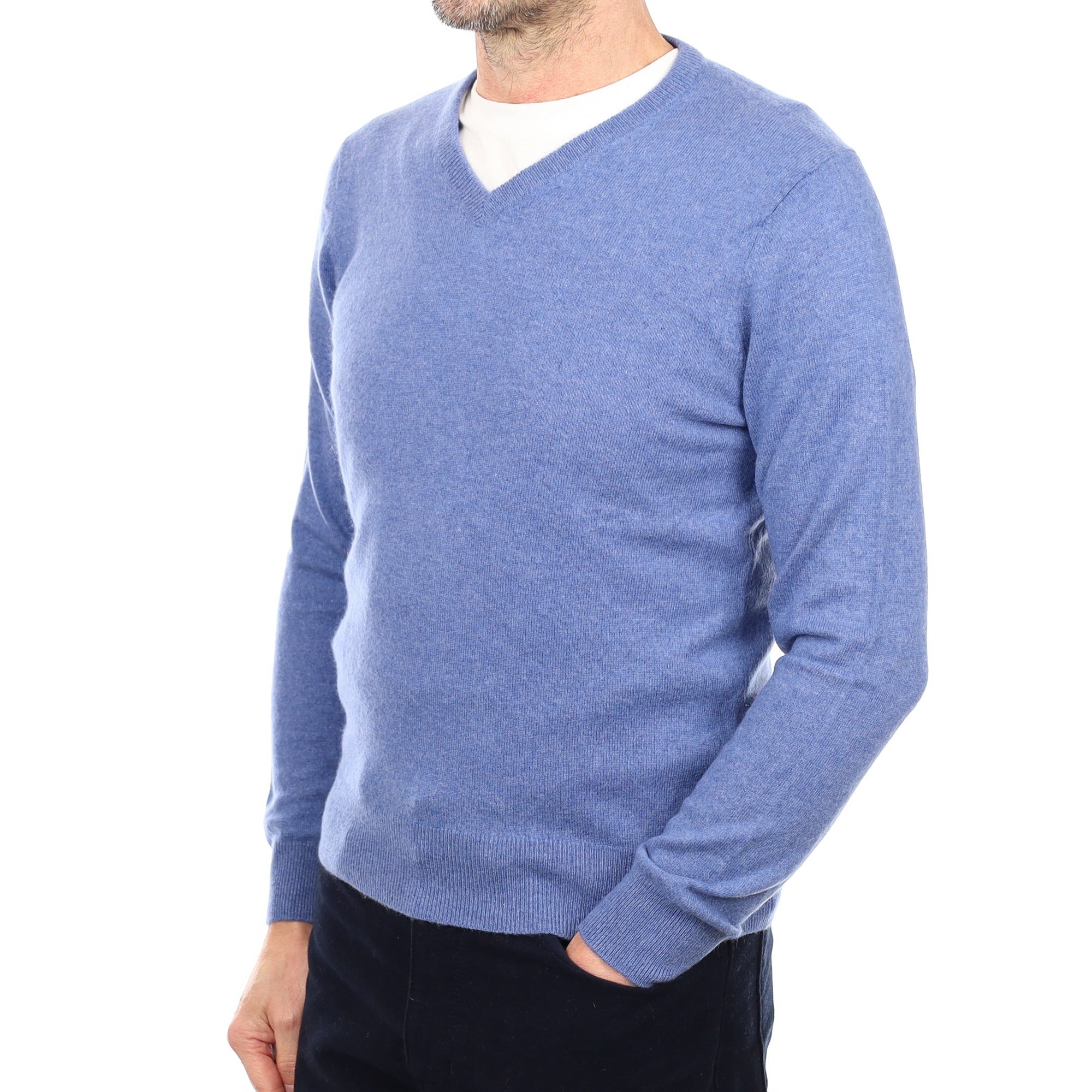 Men's Bright Denim Blue Cashmere V Neck Jumper Small