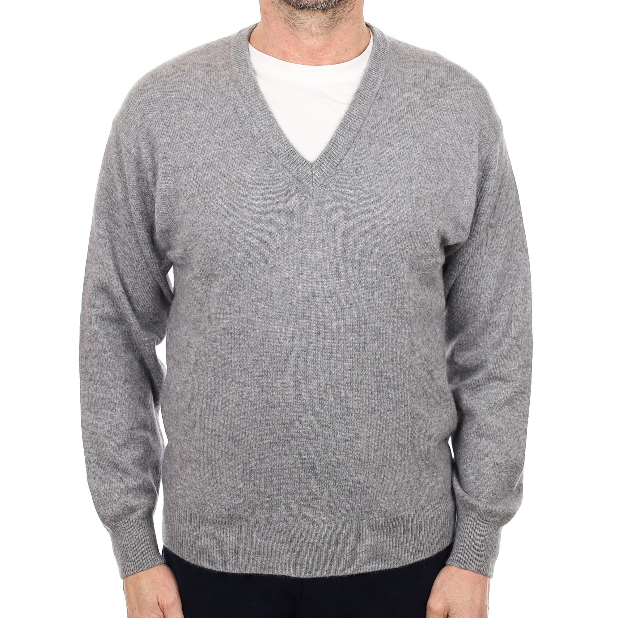 Men's Ash Grey Cashmere V Neck Jumper Small