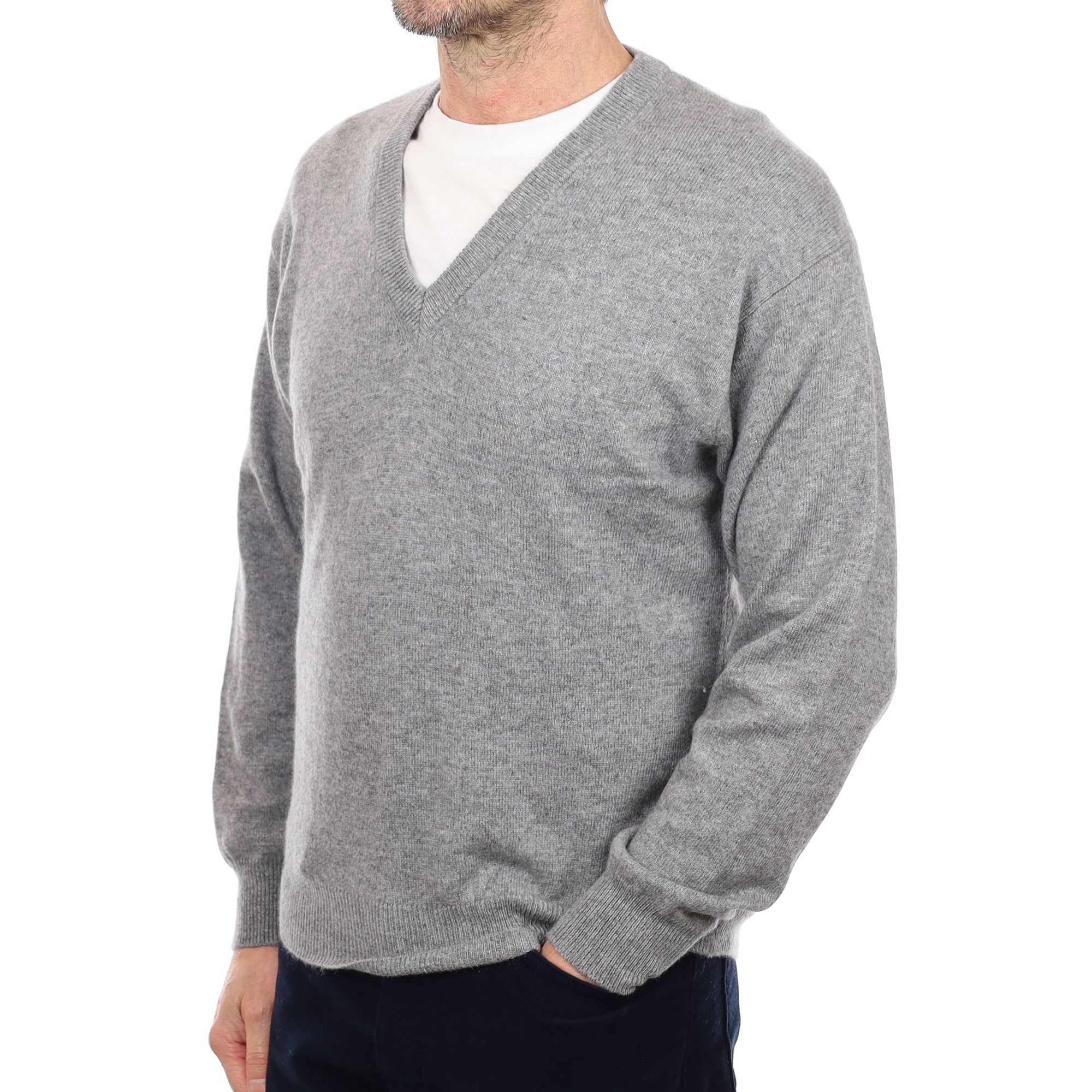 Men's Ash Grey Cashmere V Neck Jumper Small