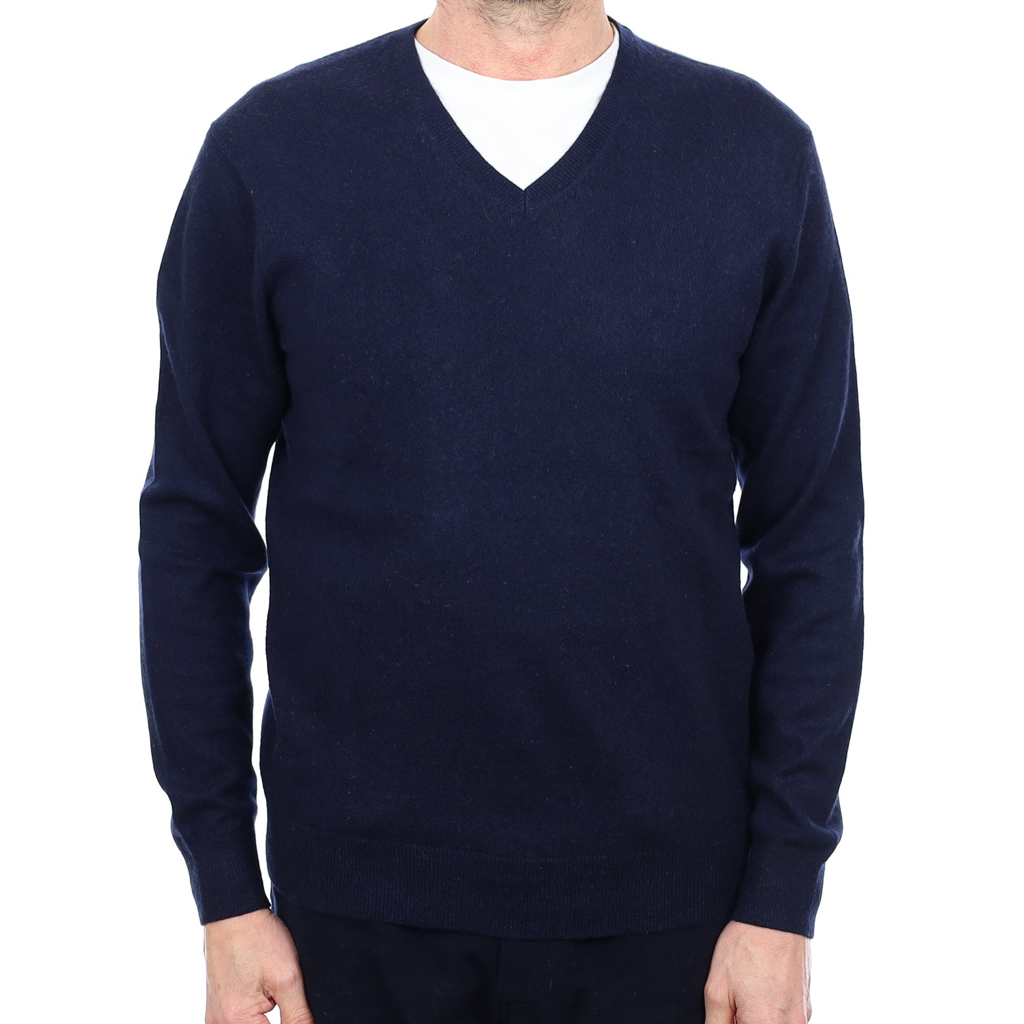 Men's Navy Blue Cashmere V Neck Jumper Small