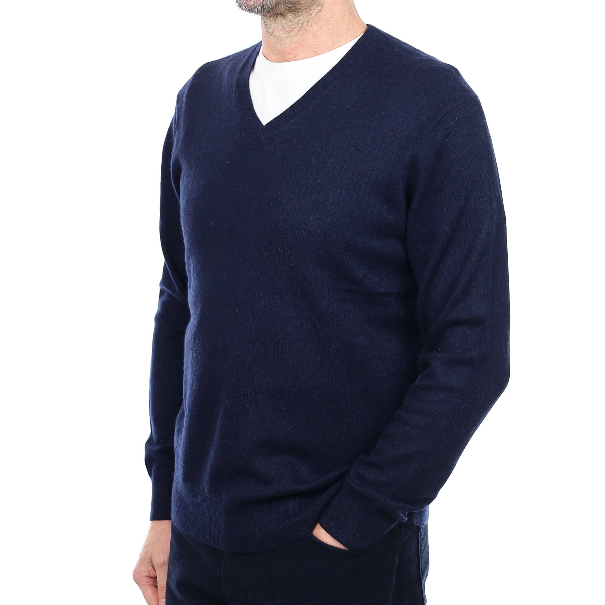 Men's Navy Blue Cashmere V Neck Jumper Small