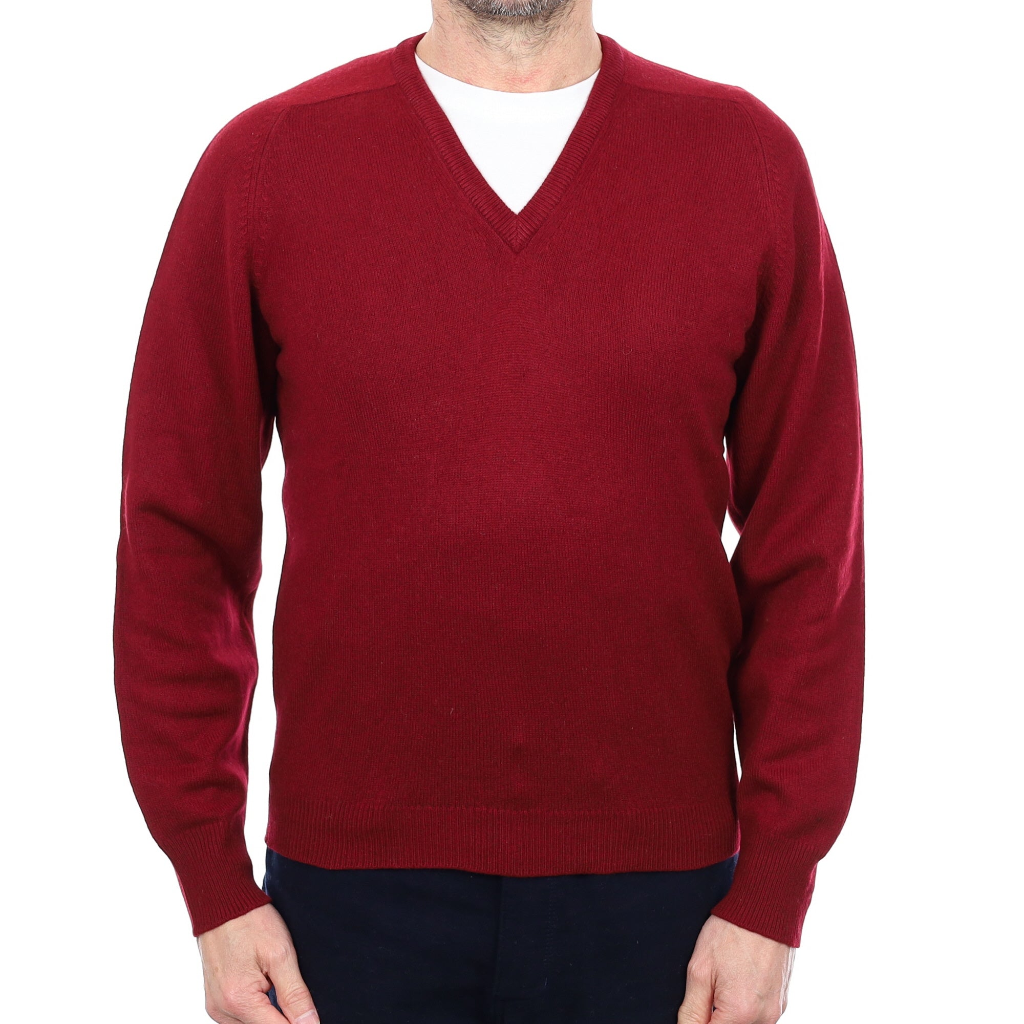 Men's English Wine Red Cashmere V Neck Jumper Small