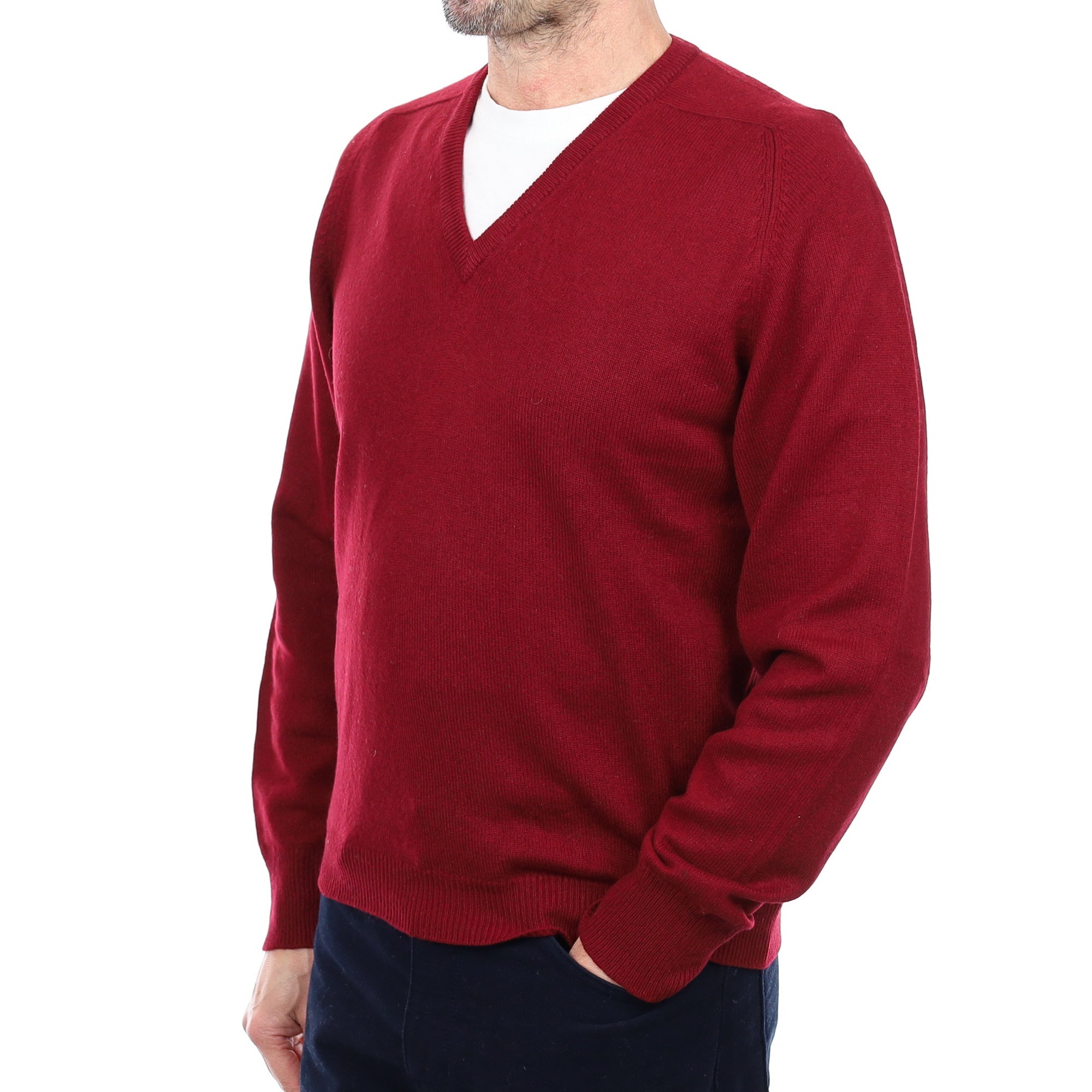 Men's English Wine Red Cashmere V Neck Jumper Small