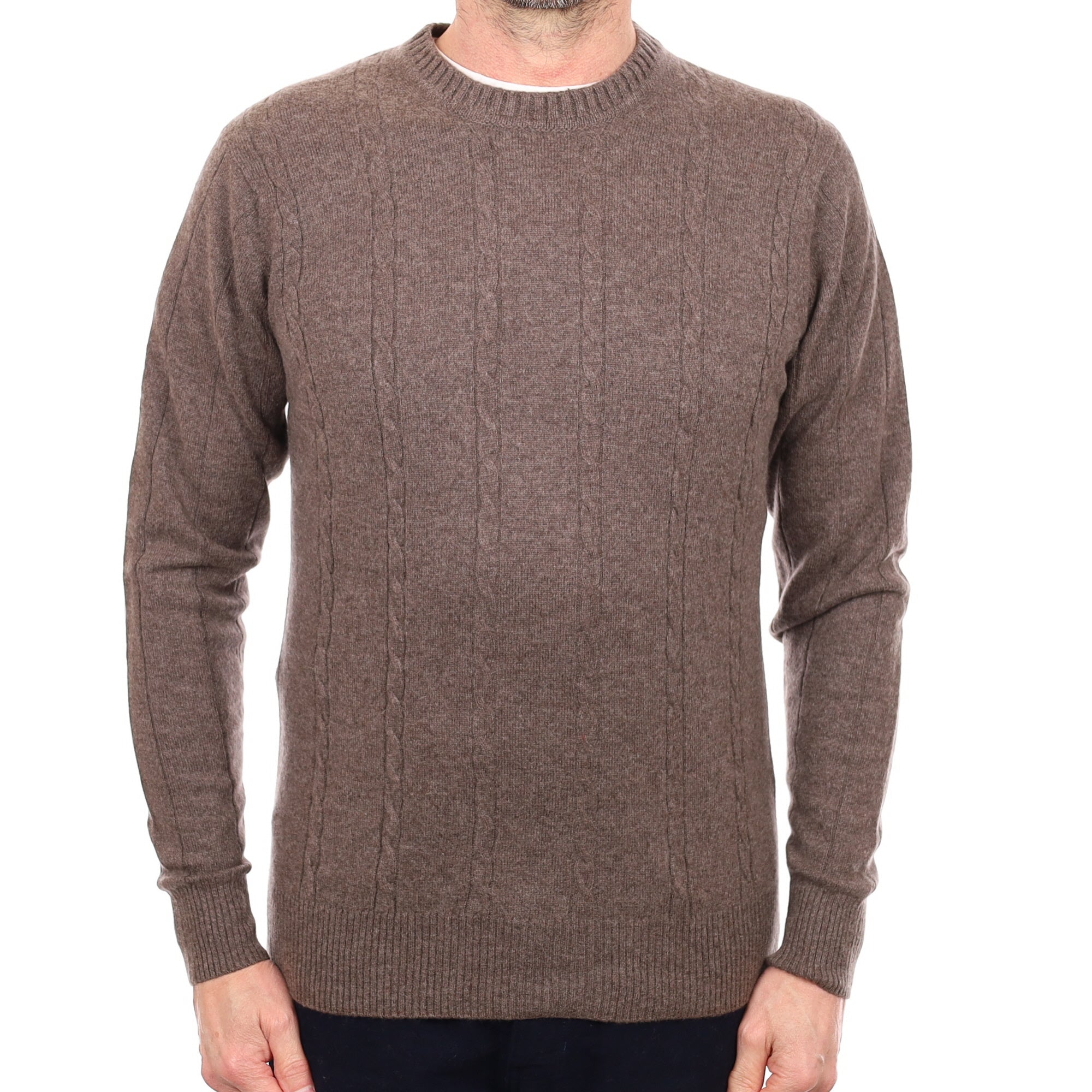 Men's Maul Brown Cashmere Cable Front Crew Neck Jumper Small