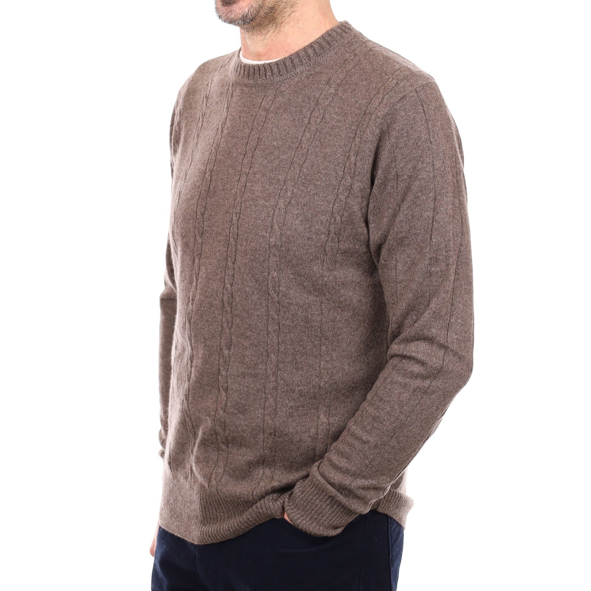 Men's Maul Brown Cashmere Cable Front Crew Neck Jumper Small