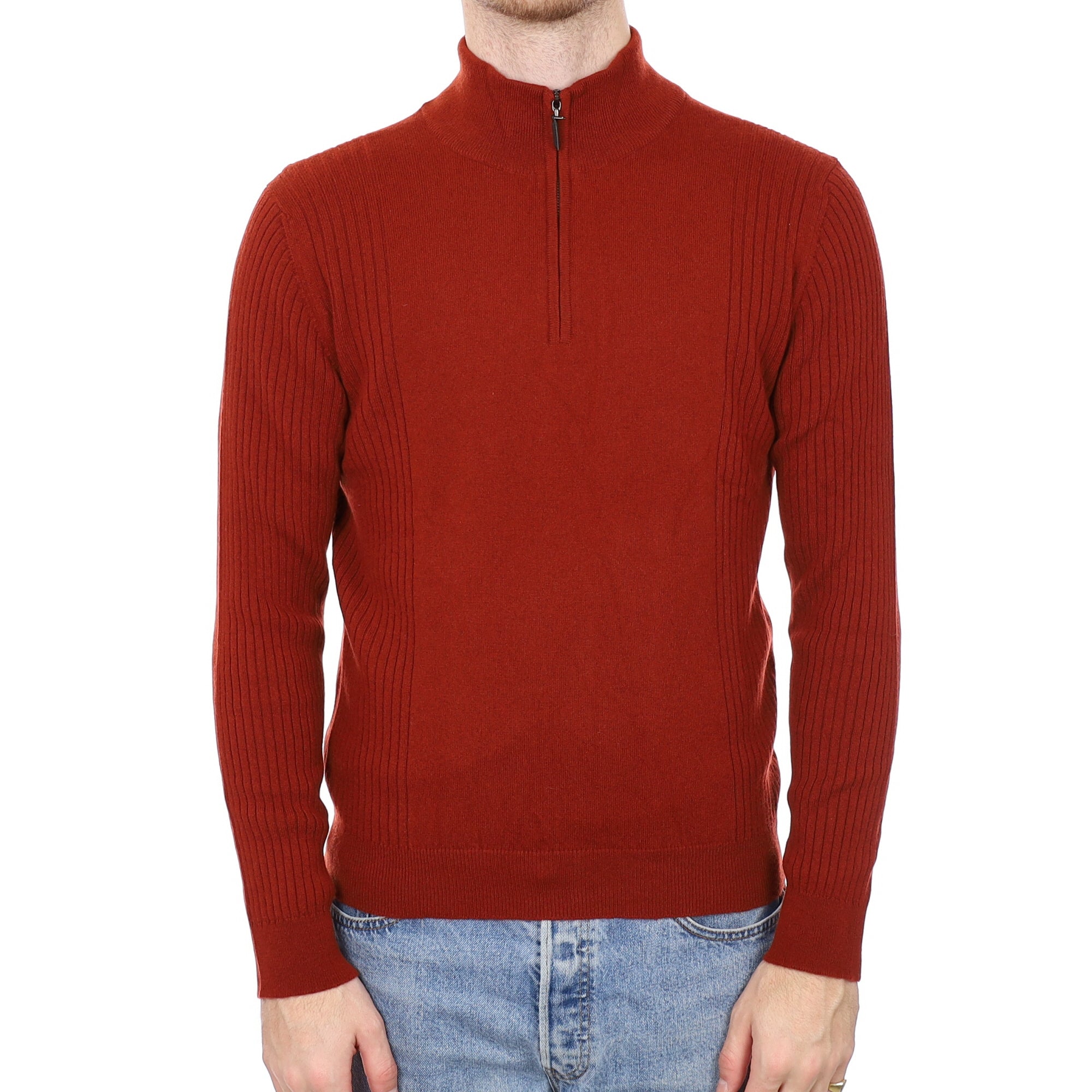 Men's Brand New Scottish Rust Red Cashmere 1/4 Zip Jumper Medium