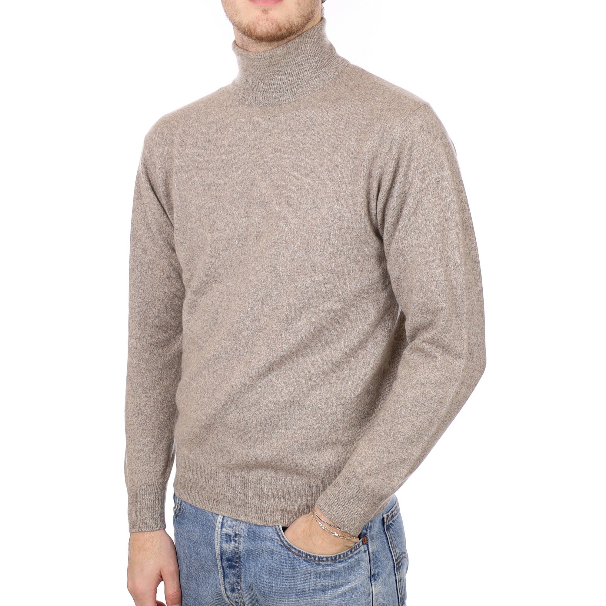 Men's Taupe Brown Cashmere Polo Neck Jumper Medium