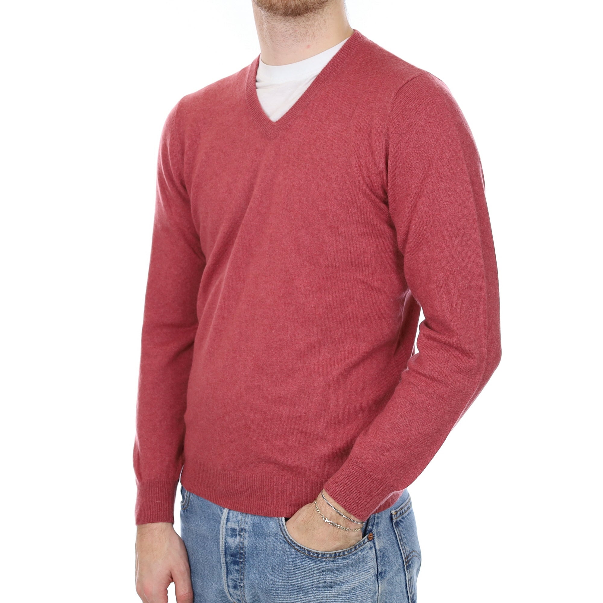 Men's Brick Pink Cashmere V Neck Jumper Medium