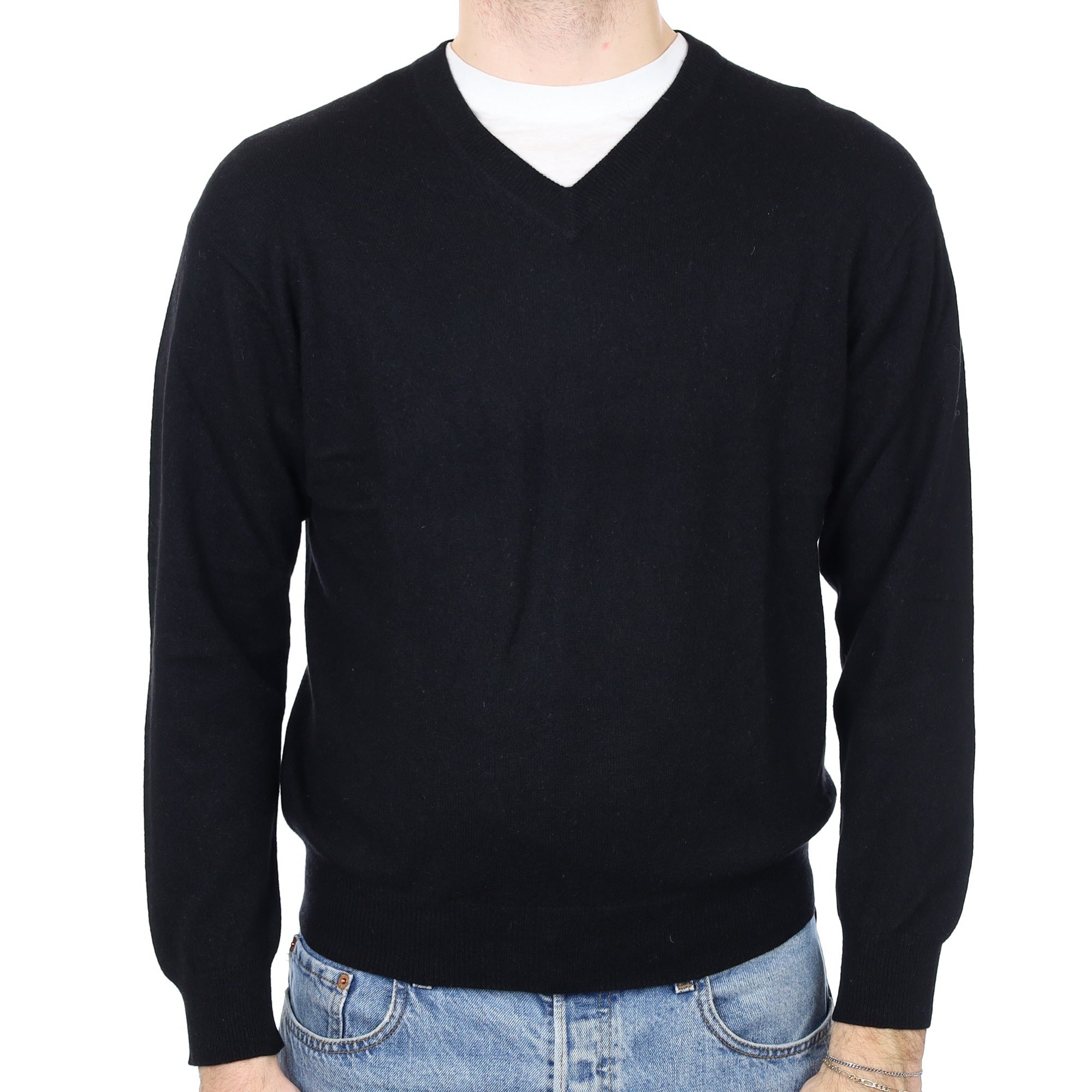 Men's Black Cashmere V Neck Jumper Medium