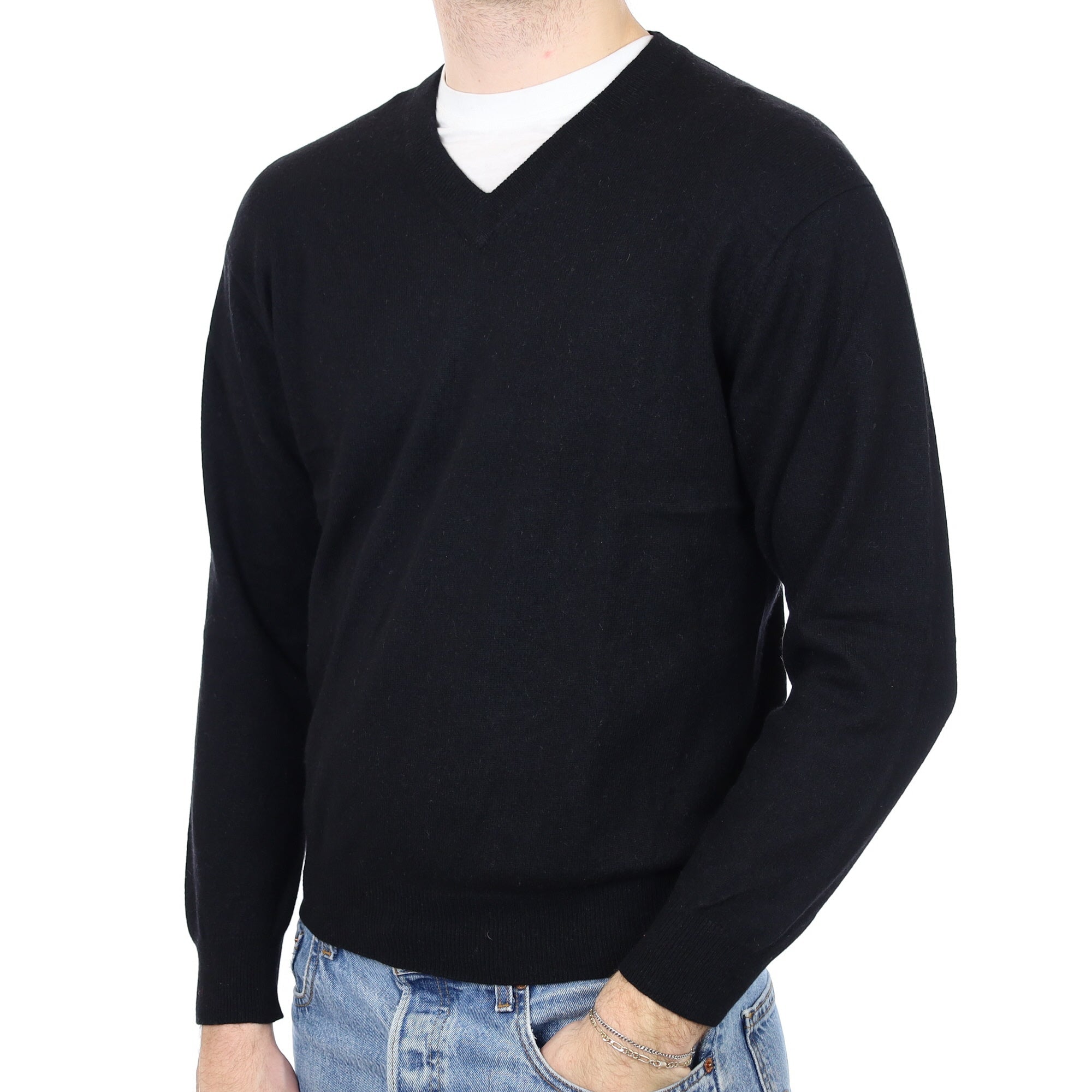 Men's Black Cashmere V Neck Jumper Medium